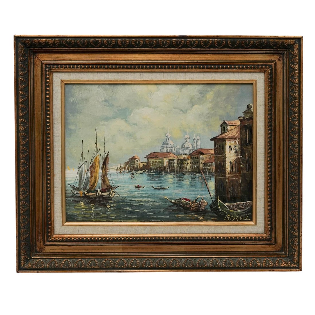 Signed Girard Harbor Scene Oil on Canvas: Signed Girard Harbor Scene Oil on Canvas 20th Century, Europe Artist/Designer/Manufacturer: Girard. Marking(s): Signed “Girard” at lower right. Materials: Oil on canvas & wood. Cataloger