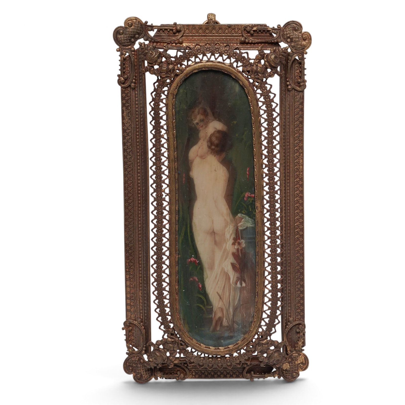 Art Nouveau Nymph Boudoir Brass Filigree Plaque: Art Nouveau Nymph Boudoir Brass Filigree Plaque Late 19th-Early 20th Century, Czech Republic Artist/Designer/Manufacturer: Unknown. Marking(s): Metal tag stamped “Made in Czechoslovakia” to