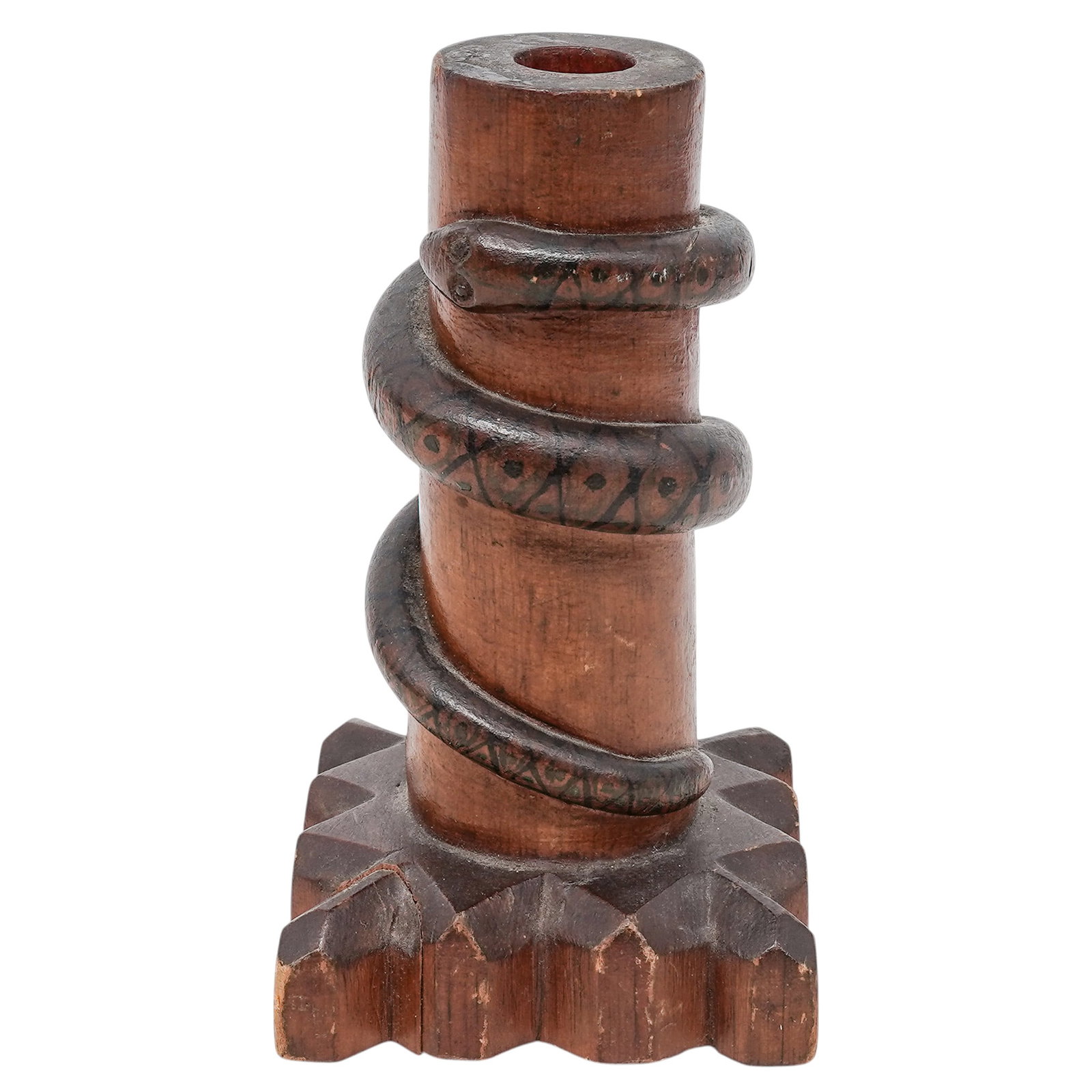 Vintage Hand-Carved Wood Snake Candle Holder: Vintage Hand-Carved Wood Snake Candle Holder 20th Century, African Artist/Designer/Manufacturer: Unknown. Marking(s): None. Materials: Wood. Cataloger Note: Vintage hand-carved wooden candle holder fe