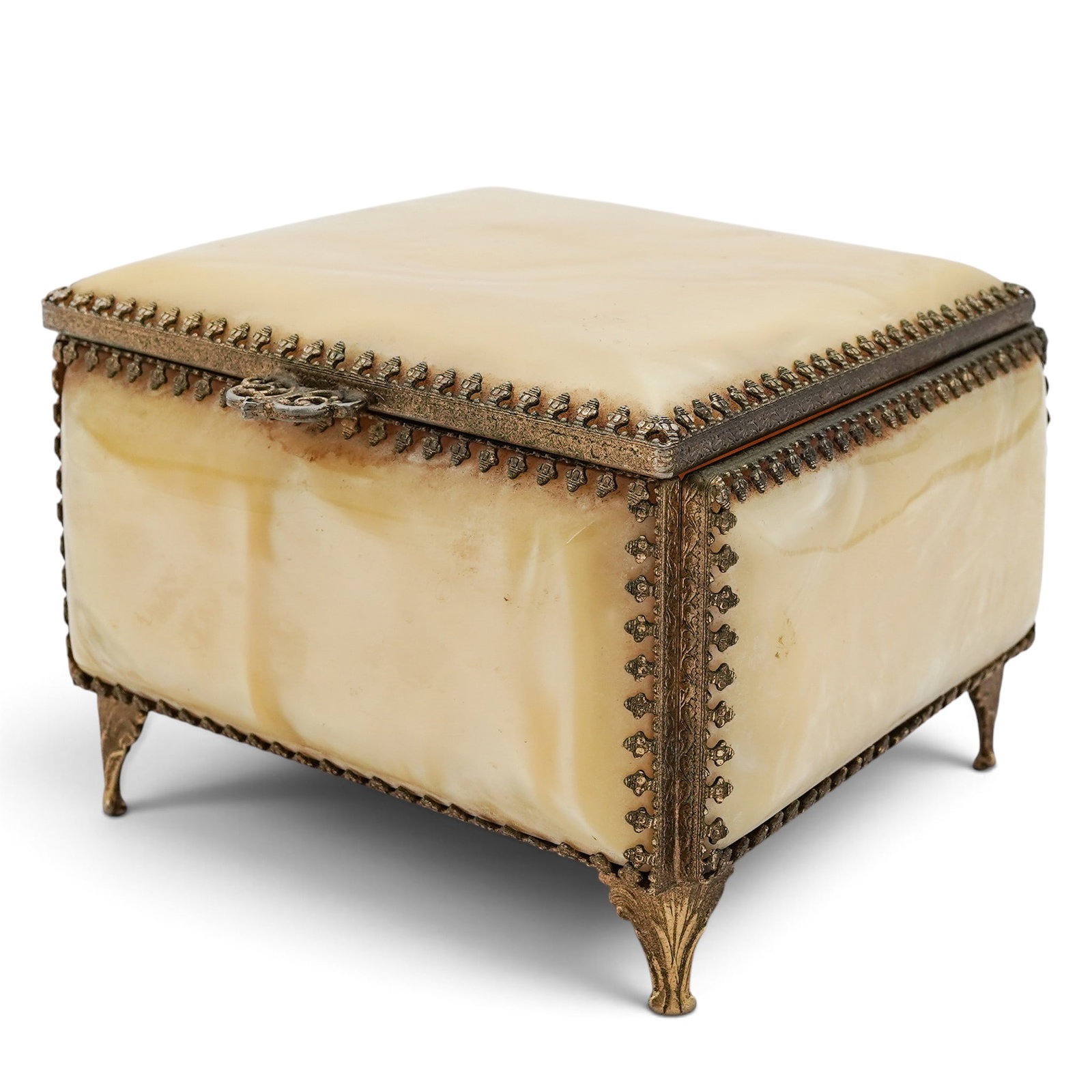 Vintage Gilt Metal Mounted Acrylic Jewelry Box: Vintage Gilt Metal Mounted Acrylic Jewelry Box 20th Century, Europe Artist/Designer/Manufacturer: Unknown. Marking(s): None. Materials: Acrylic & gilt metal. Cataloger Note: Diamond-shaped yellow