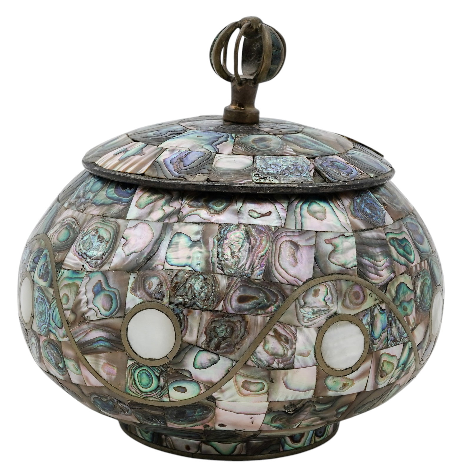 Los Castillo Abalone Covered Mosaic Lidded Jar: Los Castillo Abalone Covered Mosaic Lidded Jar Mid 20th Century, Mexico Artist/Designer/Manufacturer: Los Castillo. Marking(s): Maker’s mark; “Made in Mexico” and “Handwrought” to un