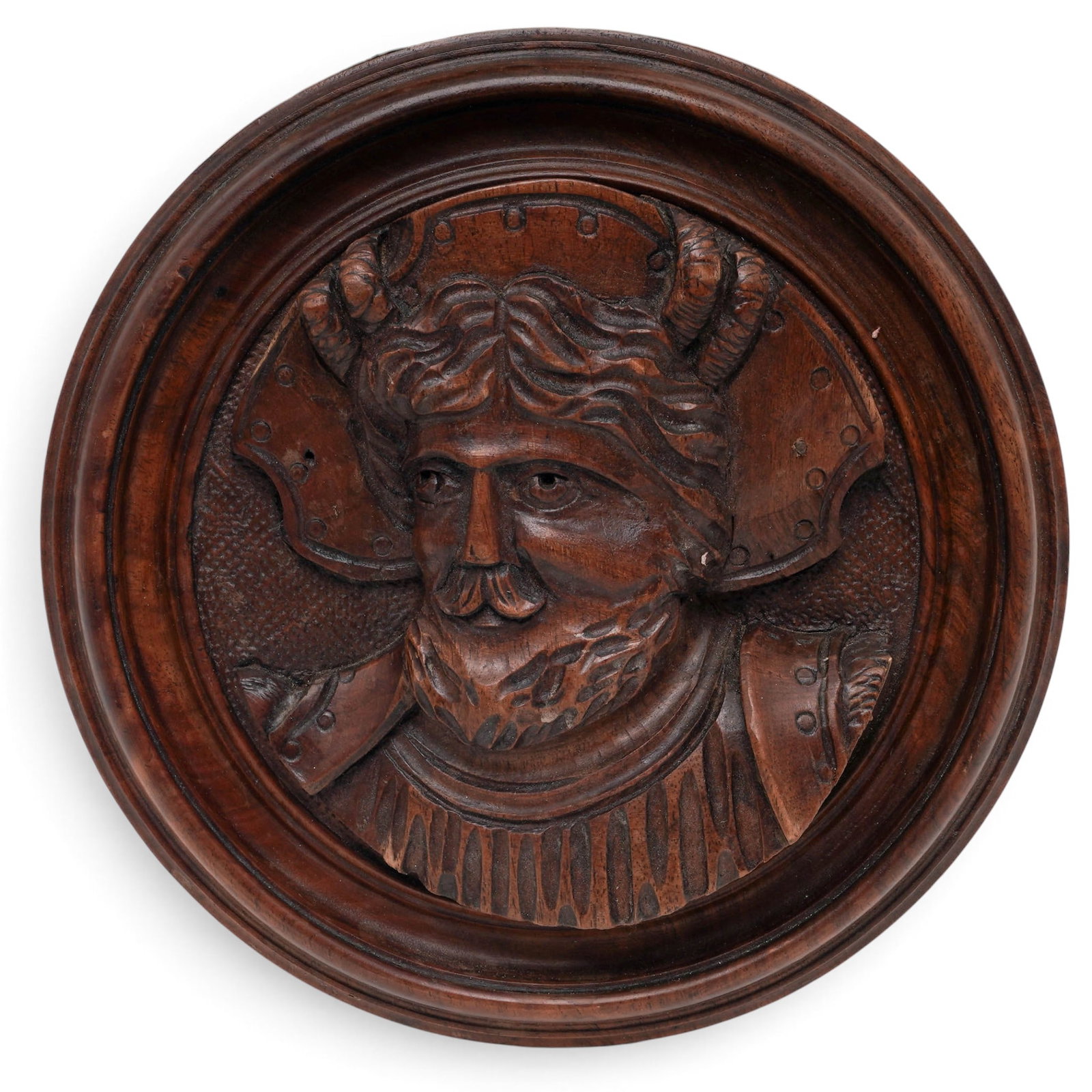Antique French Carved Wood Knight Wall Medallion: Antique French Carved Wood Knight Wall Medallion Late 19th Century, France Artist/Designer/Manufacturer: Unknown. Marking(s): None. Materials: Wood. Cataloger Note: Hand-carved circular wooden wall
