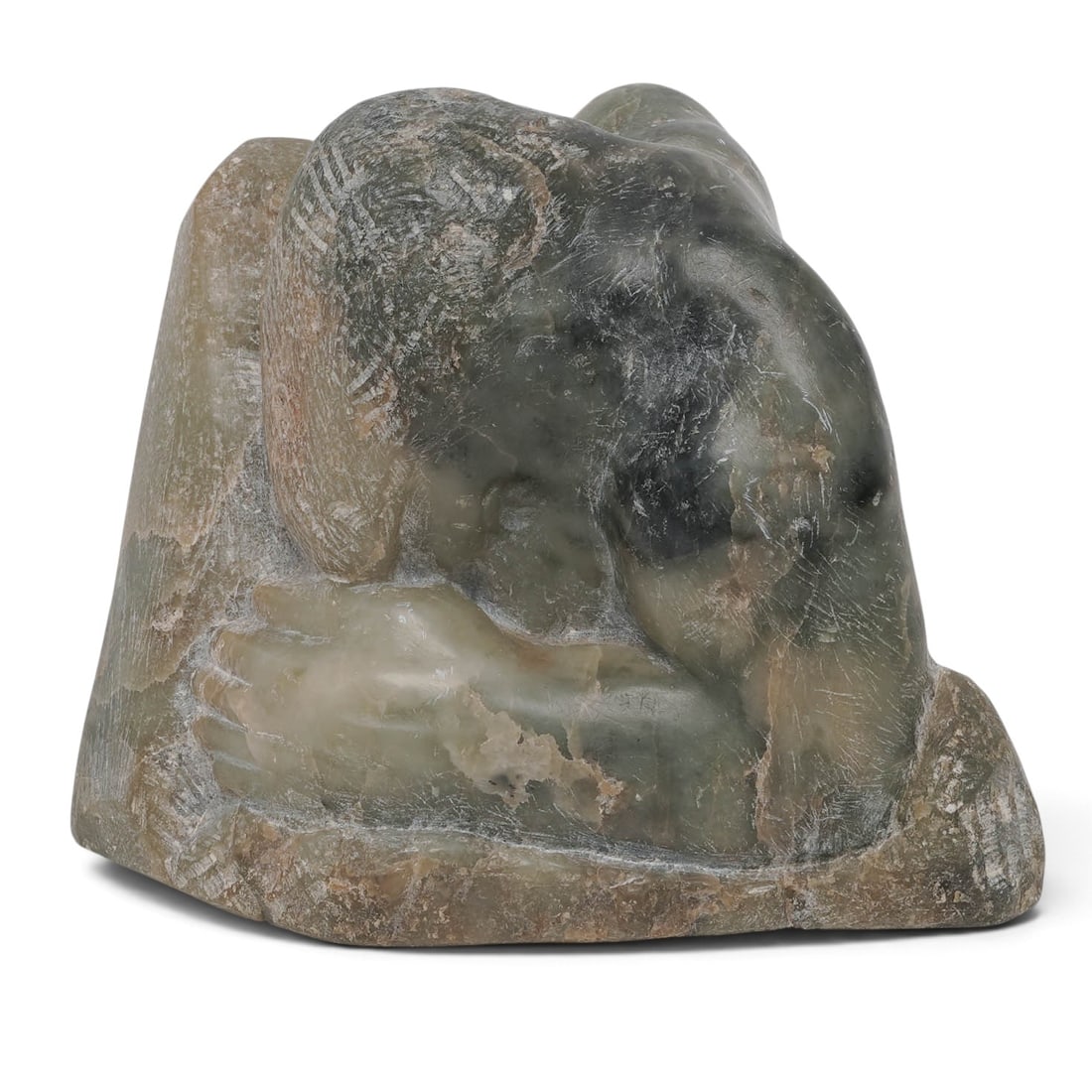 Eugene Gauss (American, 1905-1994) ‘Contemplation’ Carved Stone Sculpture: Eugene Gauss (American, 1905-1994) ‘Contemplation’ Carved Stone Sculpture Mid 20th Century, USA Artist/Designer/Manufacturer: Unknown. Marking(s): None. Materials: Green-gray stone. Cataloger Note