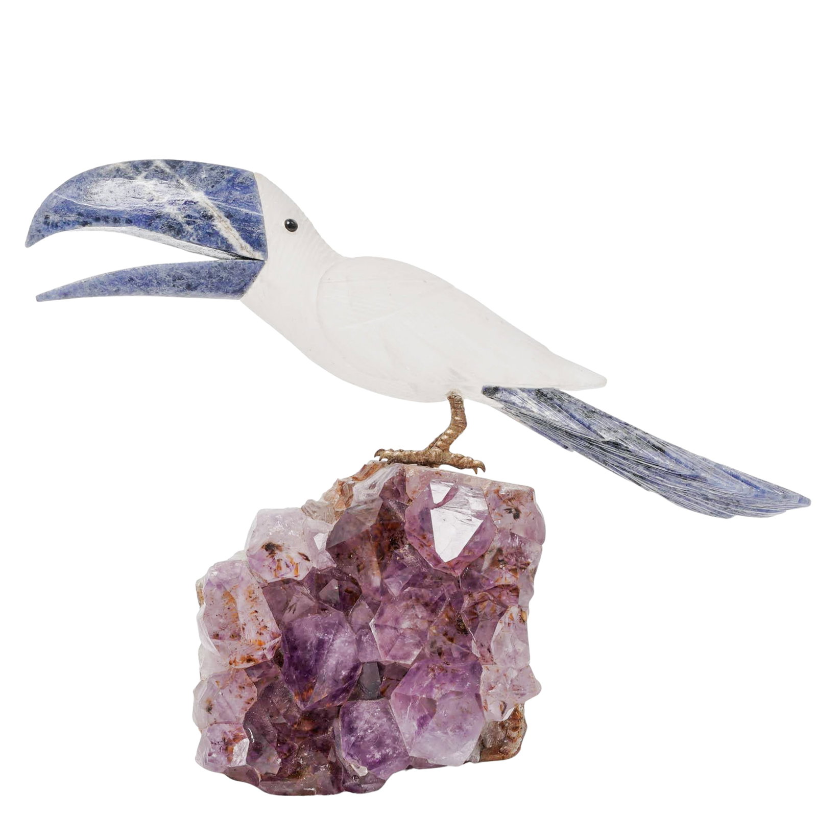 Sodalite & Quartz Toucan on Amethyst Base: Sodalite & Quartz Toucan on Amethyst Base 20th Cent, Brazil Artist/Designer/Manufacturer: Unknown. Marking(s): None. Materials: Quartz, sodalite, brass & amethyst. Cataloger Note: Toucan sculpture