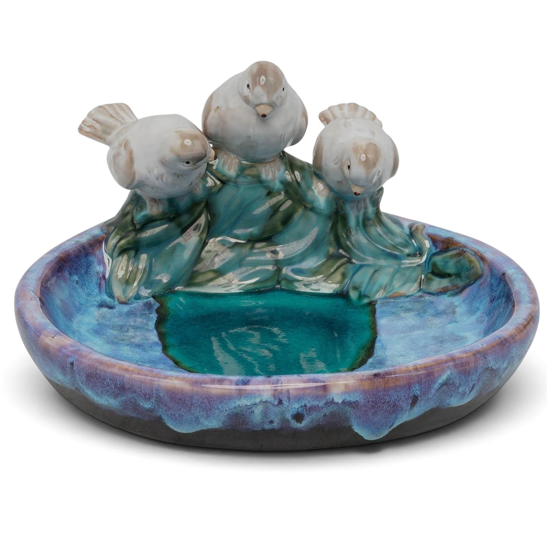 Vintage Glazed Ceramic Figural Birdbath Bowl: Vintage Glazed Ceramic Figural Birdbath Bowl Late 20th Century, USA Artist/Designer/Manufacturer: Unknown. Marking(s): None. Materials: Ceramic & glaze. Cataloger Note: A vintage ceramic garden birdba