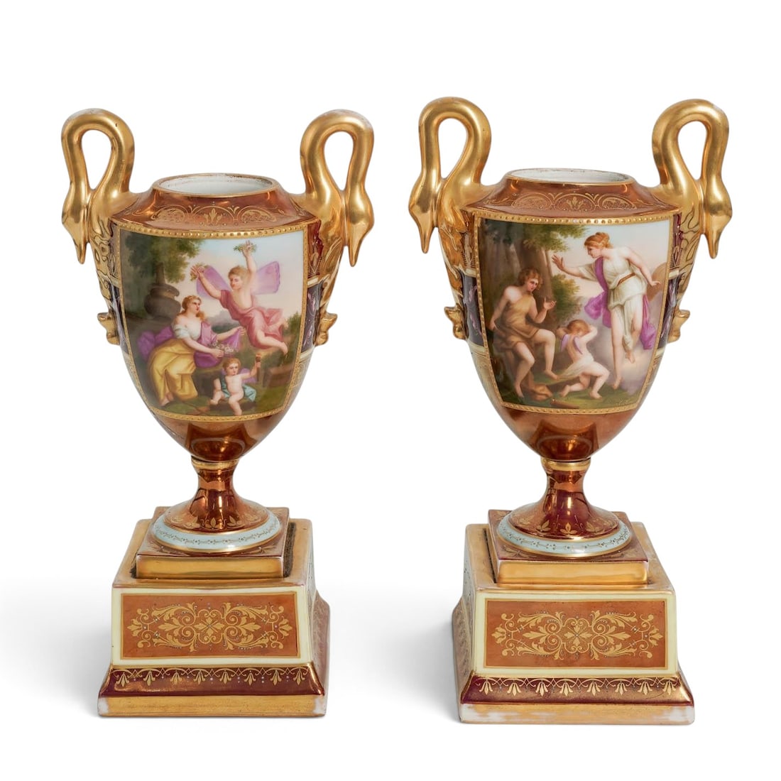 Pair of Signed Royal Vienna Painted Porcelain Urns: Pair of Signed Royal Vienna Painted Porcelain Urns Late 19th - Early 20th Century, Austria Artist/Designer/Manufacturer: Royal Vienna. Marking(s): “Royal Vienna” beehive mark to undersides; ea