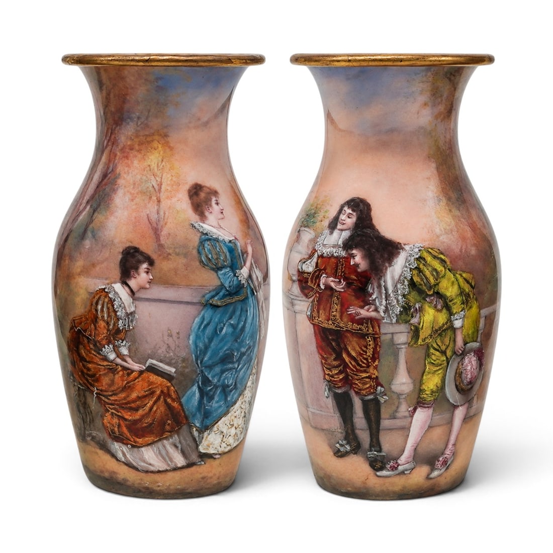 Pair of Antique French Enamel on Copper Vases: Pair of Antique French Enamel on Copper Vases 19th Century, France Artist/Designer/Manufacturer: Unknown. Marking(s): None. Materials: Copper, enamel & gilt decoration. Cataloger Note: Pair of antique