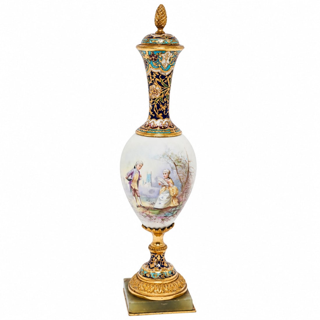 Signed Antique French Champleve Enamel & Porcelain Urn: Signed Antique French Champleve Enamel & Porcelain Urn 19th Century, France Artist/Designer/Manufacturer: France Marking(s): Signed “A. Very.” Materials: Porcelain, champlevé enamel, gilt
