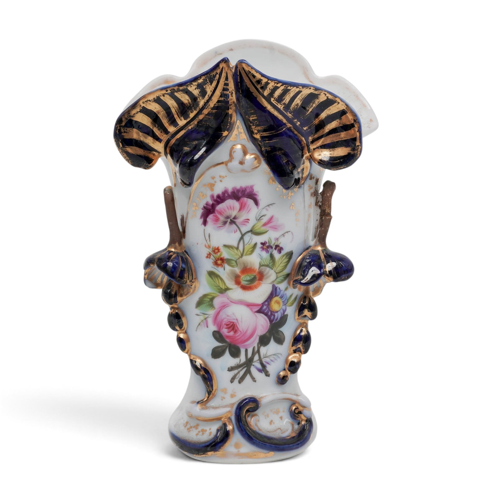 Antique French Hand Painted Blue & Gilt Floral Porcelain Vase (1 of 5)