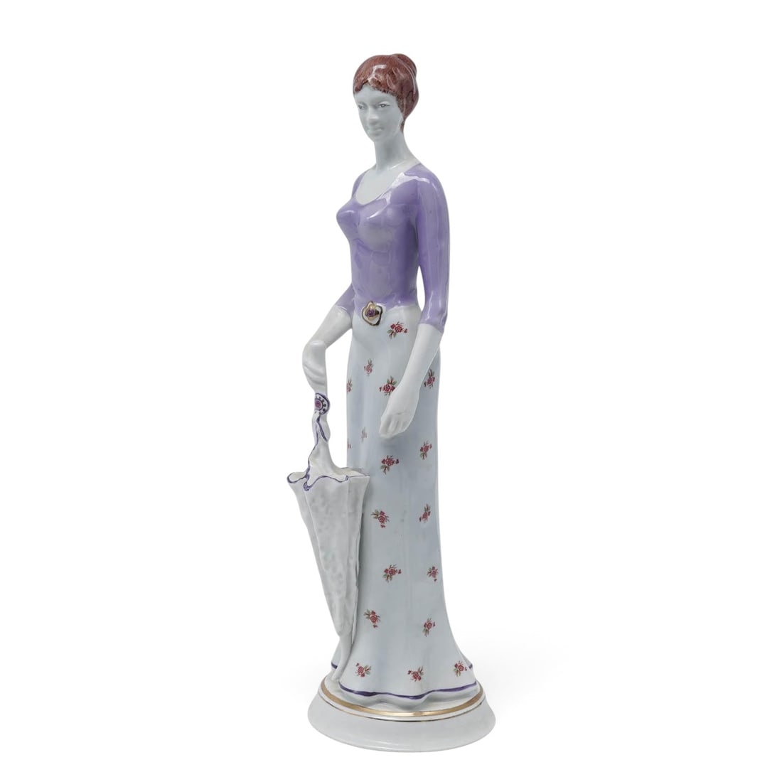 Hollohaza "Flora With Umbrella" Porcelain Figurine: Hollohaza "Flora With Umbrella" Porcelain Figurine Mid 20th Century, Hungary Artist/Designer/Manufacturer: Hollóháza Porcelain Manufactory. Marking(s): “Hollóháza, 1831, Hungary, Handpainted, 9&