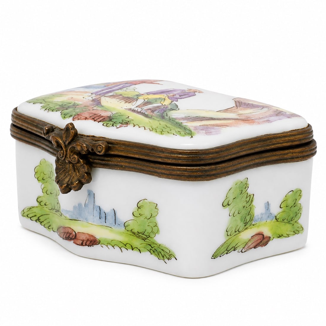 Antique Messien Hand Painted Porcelain Trinket Box: Antique Messien Hand Painted Porcelain Trinket Box Possibly 18th Century, Germany Artist/Designer/Manufacturer: Messien Marking(s): Crossed swords mark to underside. Materials: Porcelain, metal, ename