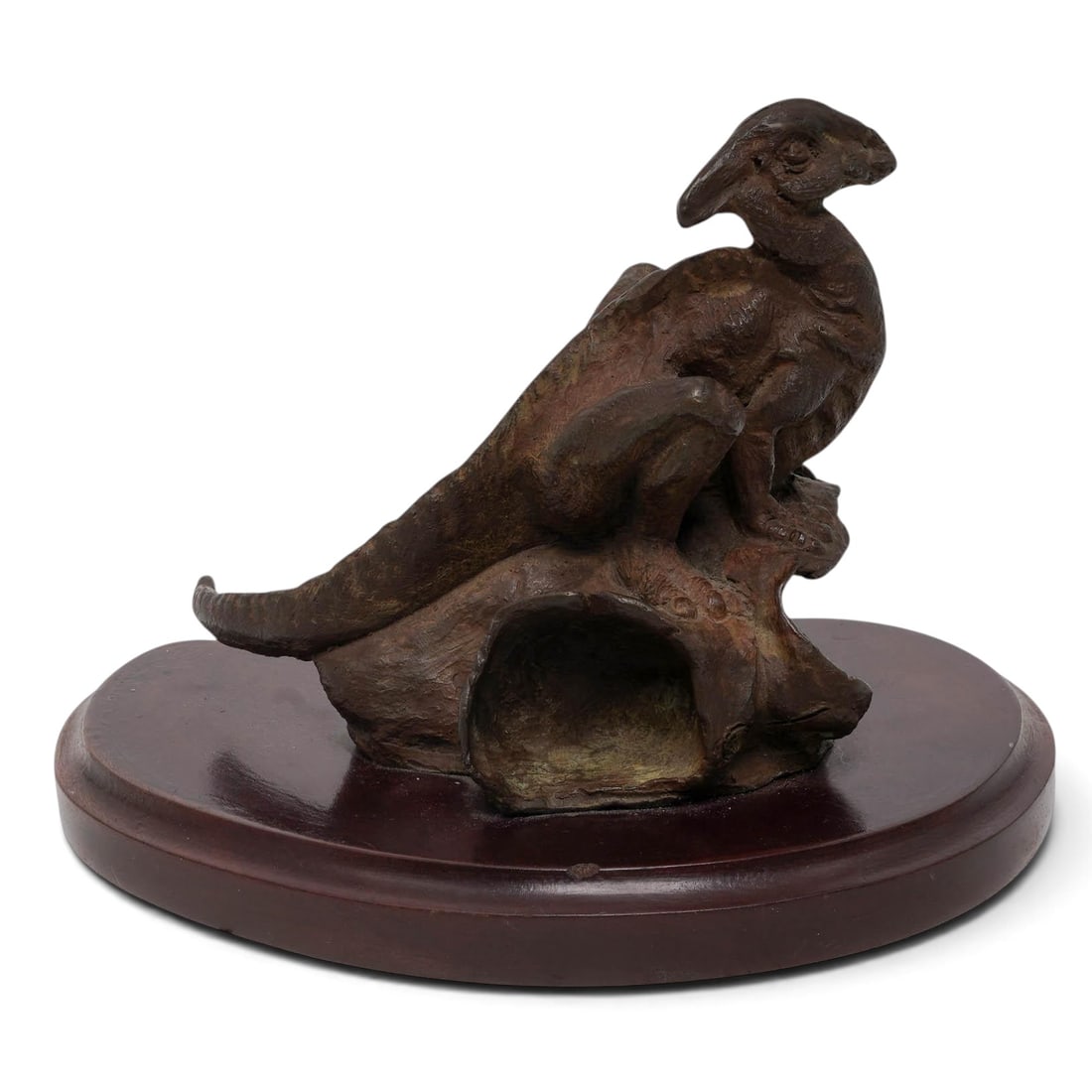 Vallejo Bronze Parasaurolophus Sculpture: Vallejo Bronze Parasaurolophus Sculpture Late 20th Century Artist/Designer/Manufacturer: J. & Vallejo Marking(s): Signed “J & Vallejo” to interior. Materials: Bronze and wood. Cataloger Note: 