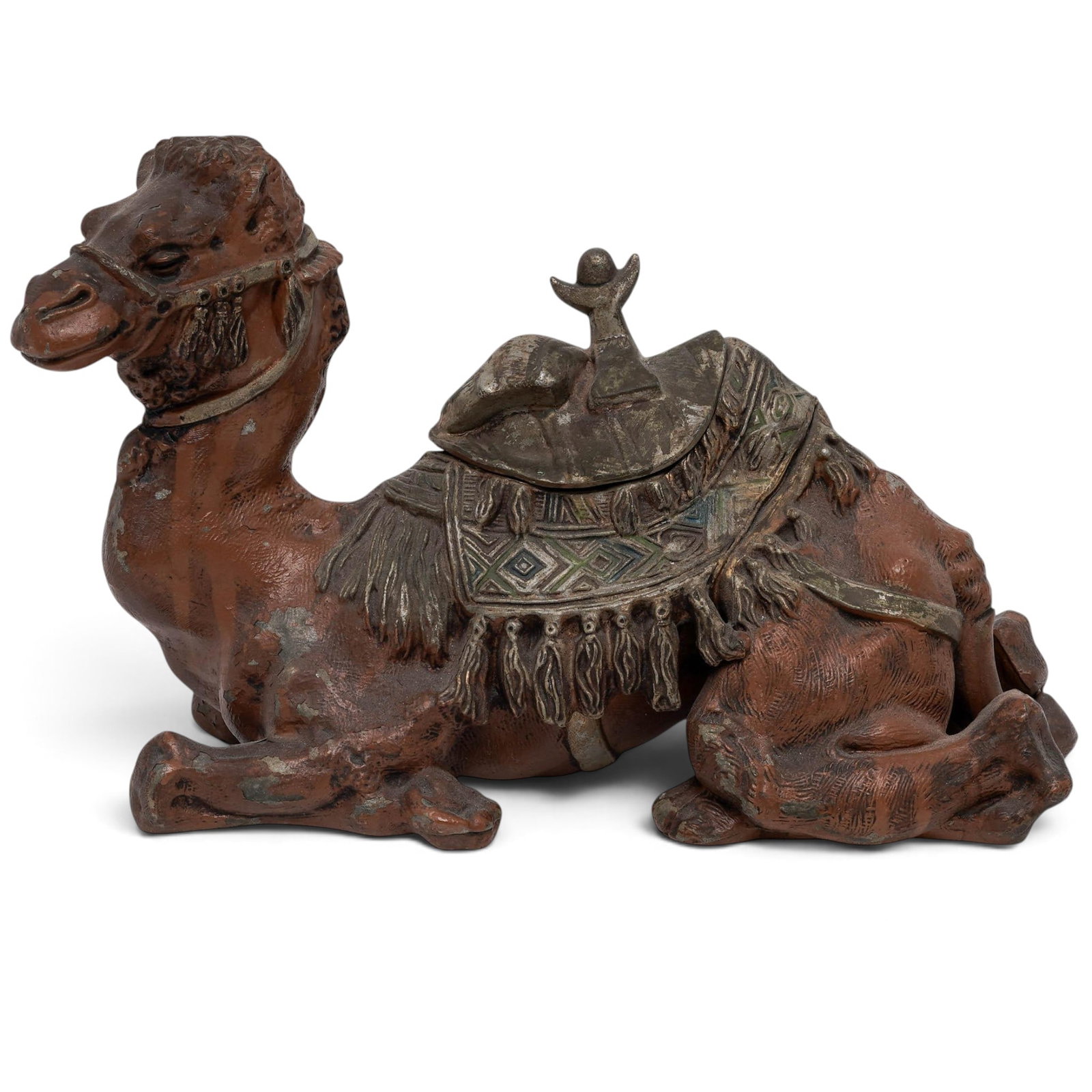 Antique Anglo-Indian Painted Metal Camel Inkwell: Antique Anglo-Indian Painted Metal Camel Inkwell Late 19th - Early 20th Cent, India Artist/Designer/Manufacturer: Unknown Marking(s): None. Materials: Cast metal and spelter Cataloger Note: Antique
