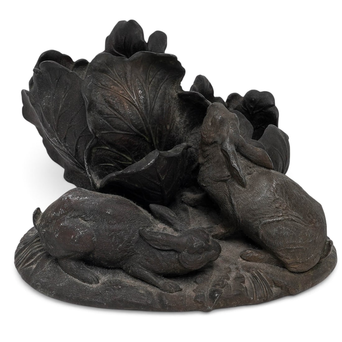 Vintage Bronze Rabbits & Cabbage Sculpture: Vintage Bronze Rabbits & Cabbage Sculpture Late 20th Century, USA Artist/Designer/Manufacturer: Unknown Marking(s): None. Materials: Bronze Cataloger Note: Figural bronze sculpture depicting two rabbi