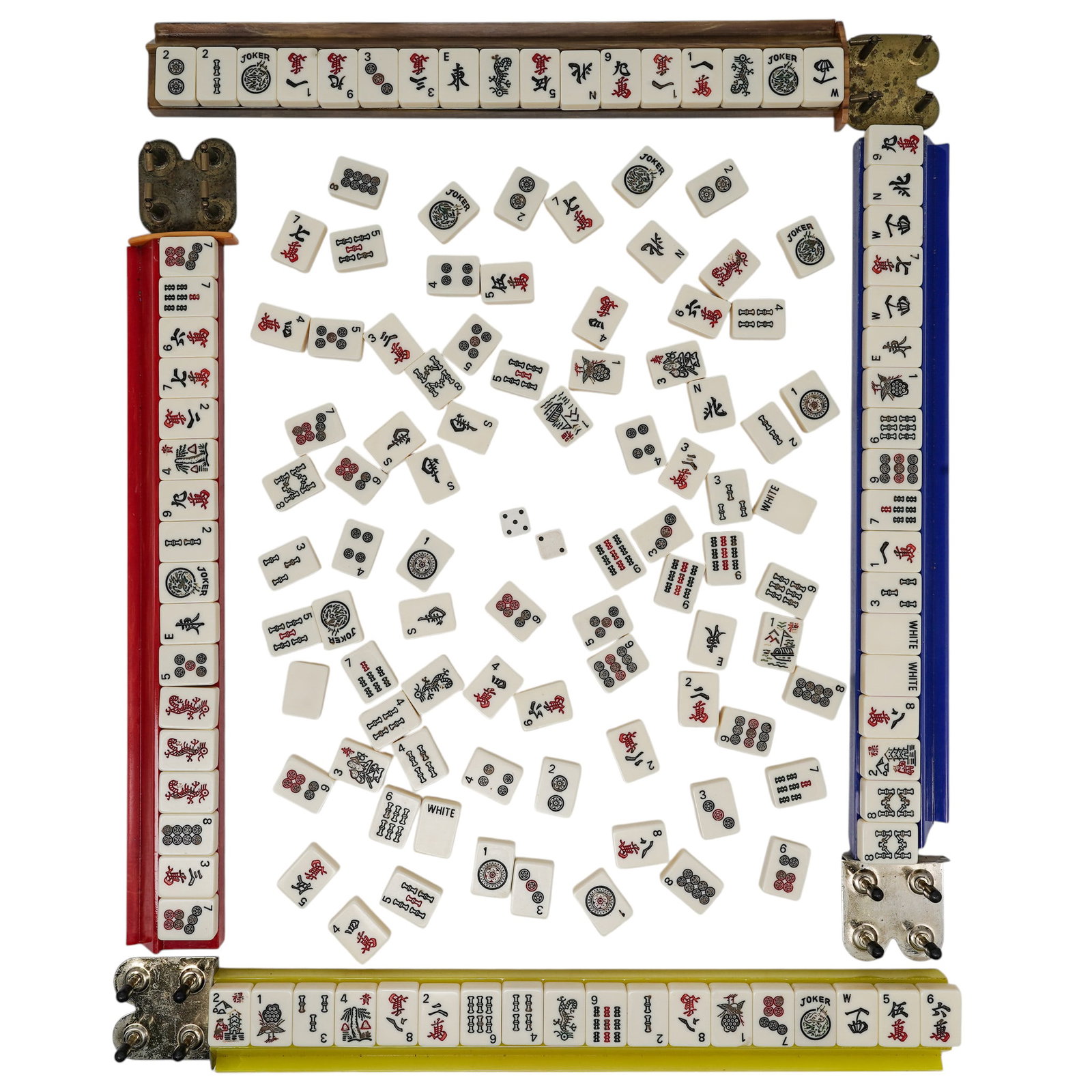 Vintage Mahjong Game Set: Vintage Mahjong Game Set Mid 20th Cent., USA Artist/Designer/Manufacturer: Unknown Marking(s): None. Materials: acrylic marbled plastic, brass, satin, leatherette Cataloger Note: Vintage mahjong set
