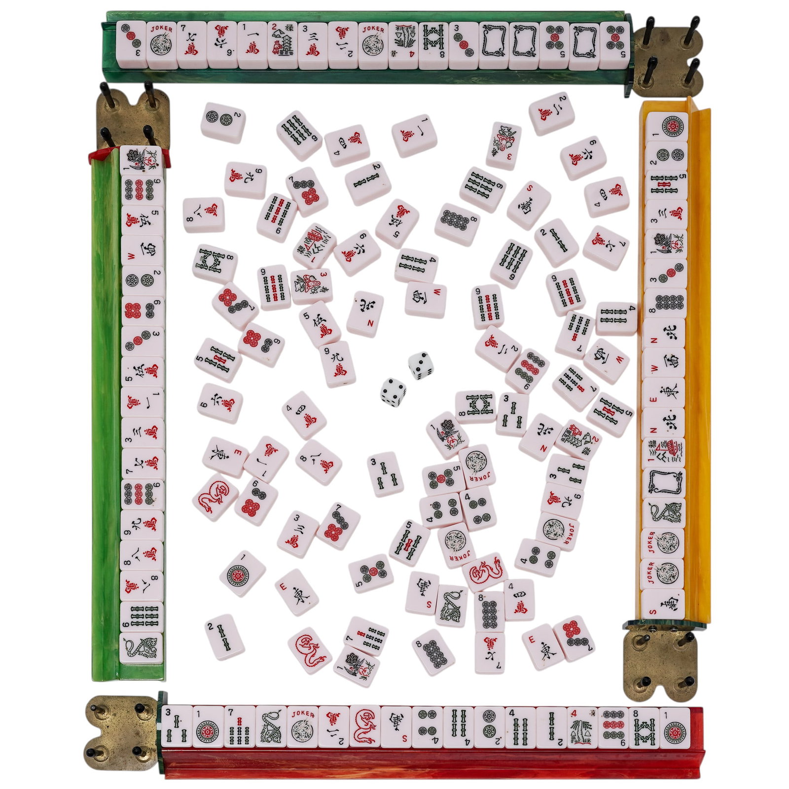 Vintage Mahjong Game Set: Vintage Mahjong Game Set Mid 20th Cent., USA Artist/Designer/Manufacturer: Unknown Marking(s): Carrying case tagged “Ms Sylvia Goodman.” Materials: marbled plastic, brass, leatherette, wood,