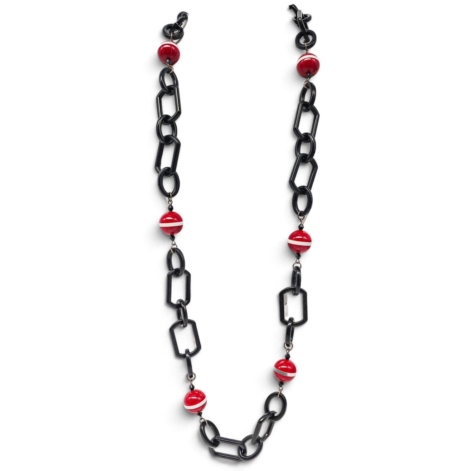 Vintage Acrylic Beaded Necklace: Vintage Acrylic Beaded Necklace Mid 20th Century, USA Artist/Designer/Manufacturer: Unknown Marking(s): None. Materials: acrylic Cataloger Note: Vintage acrylic necklace composed of oversized black ch