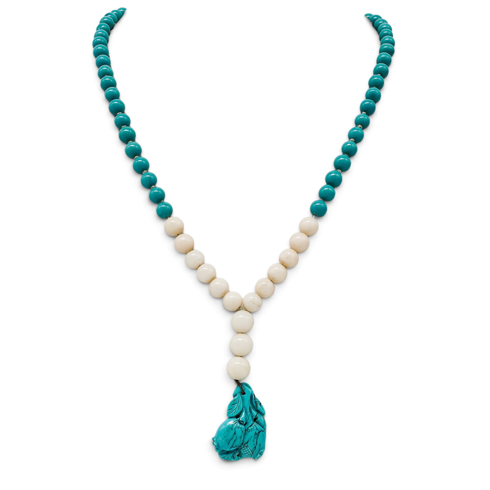 Chinese Turquoise and Angel Skin Coral Beaded Pendant Necklace: Chinese Turquoise and Angel Skin Coral Beaded Pendant Necklace Mid 20th Century, China Artist/Designer/Manufacturer: Unknown Marking(s): None. Materials: Turquoise, angel skin coral, gilt metal Catalo