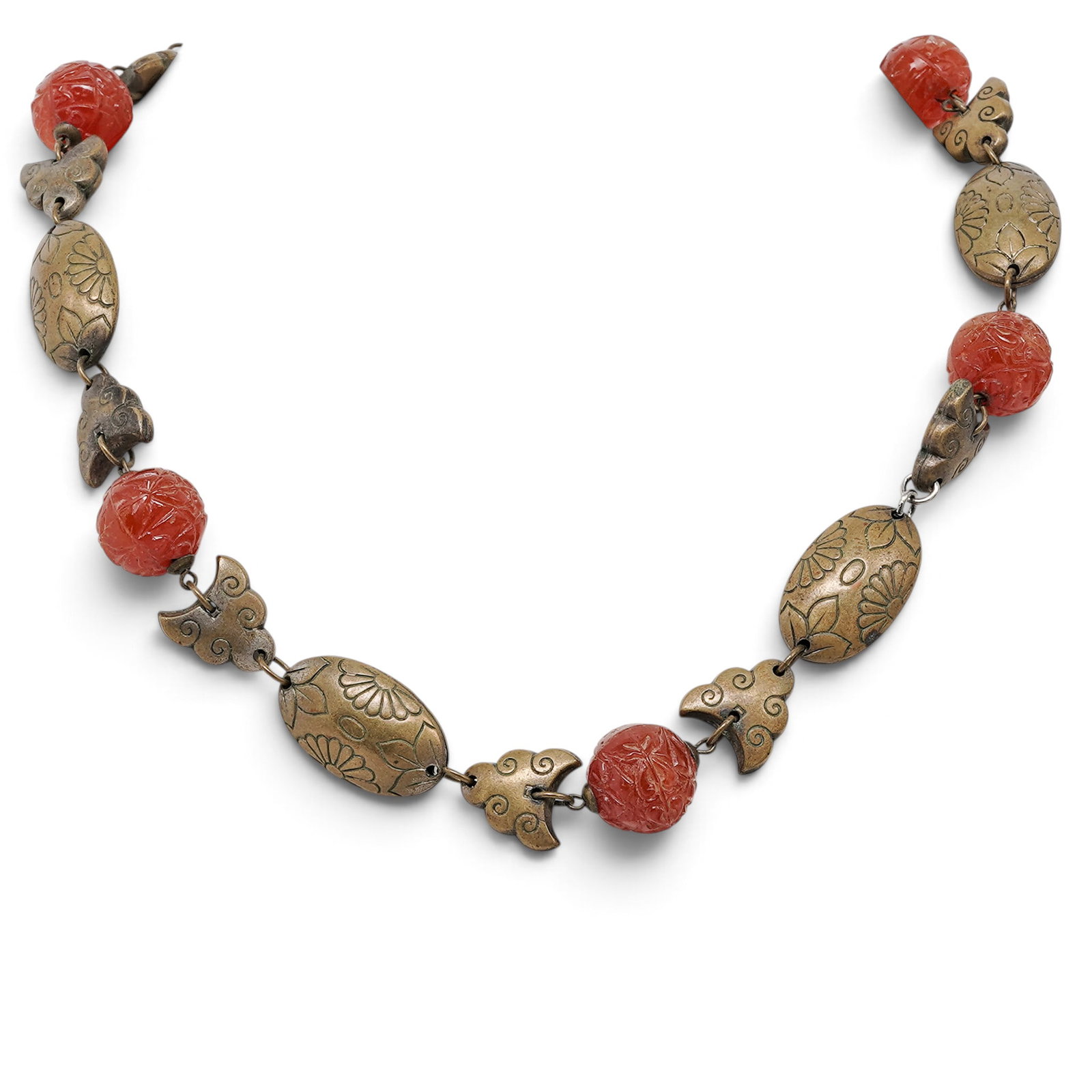 Chinese Gilt Brass & Cornelian Link Necklace: Chinese Gilt Brass & Cornelian Link Necklace Mid 20th Cent, China Artist/Designer/Manufacturer: Unknown Marking(s): None. Materials: Brass, carved cornelian Cataloger Note: Vintage link necklace featu
