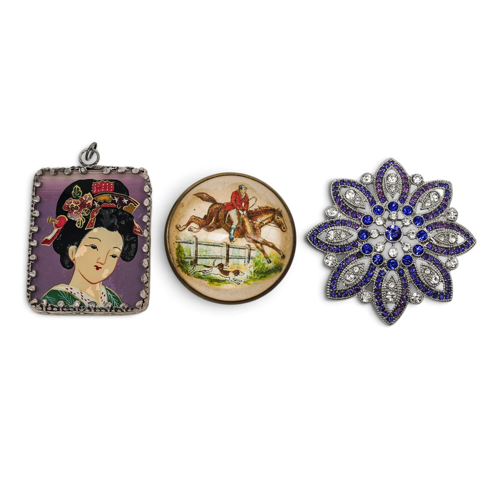 (3 pc) Vintage Costume Jewelry: (3 pc) Vintage Costume Jewelry Mid-20th Cent. Artist/Designer/Manufacturer: Monet; various makers Marking(s): “MONET” marked to blue rhinestone brooch; other pieces unmarked. Materials: Base m