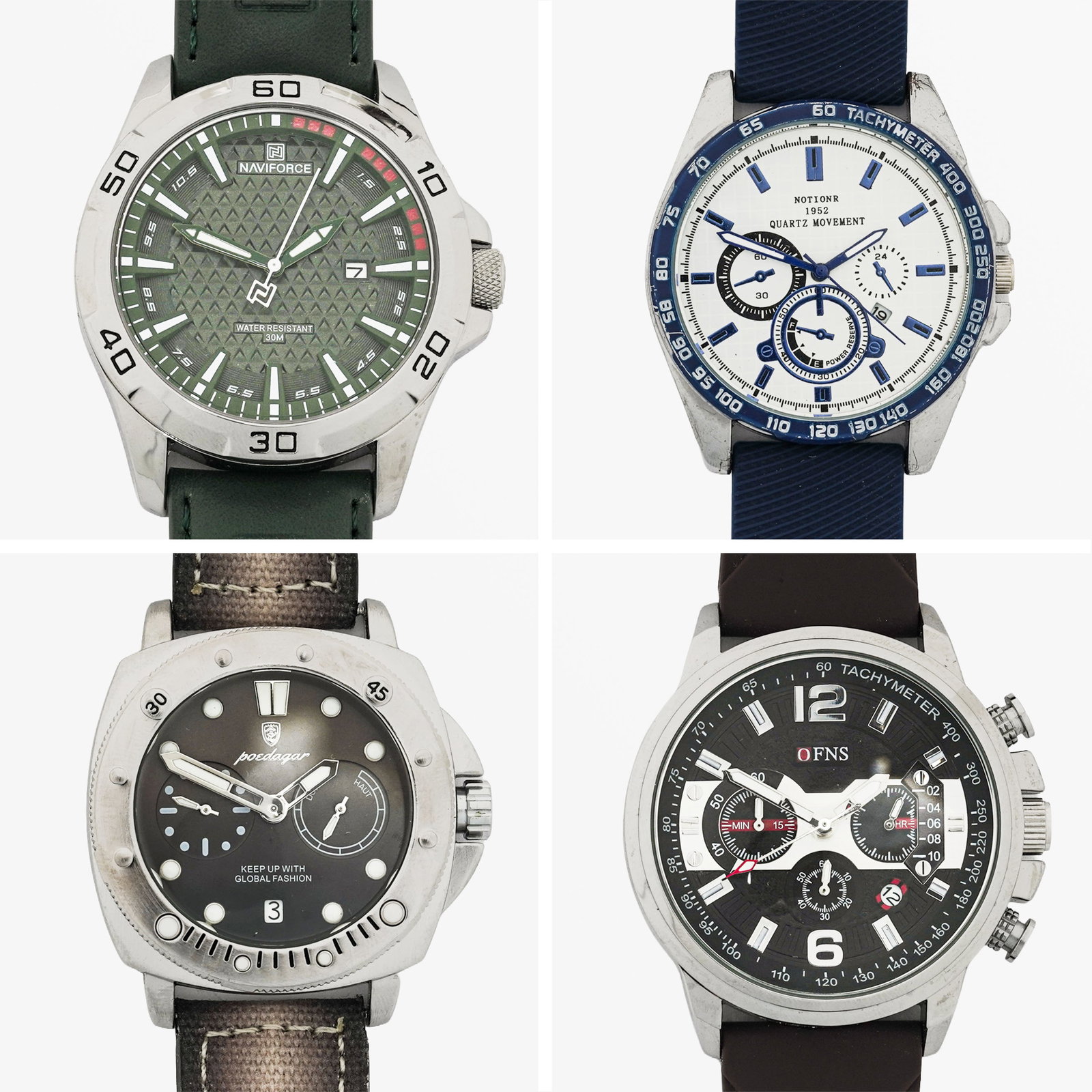 (4 pc) Grouping of Multi-Color Stainless Steel Wristwatches: (4 pc) Grouping of Multi-Color Stainless Steel Wristwatches Late 20th - 21st Cent, China Artist/Designer/Manufacturer: Poedagar; OENS; Naviforce; NotionR Marking(s): “Poedagar 690B 3ATM”; “O