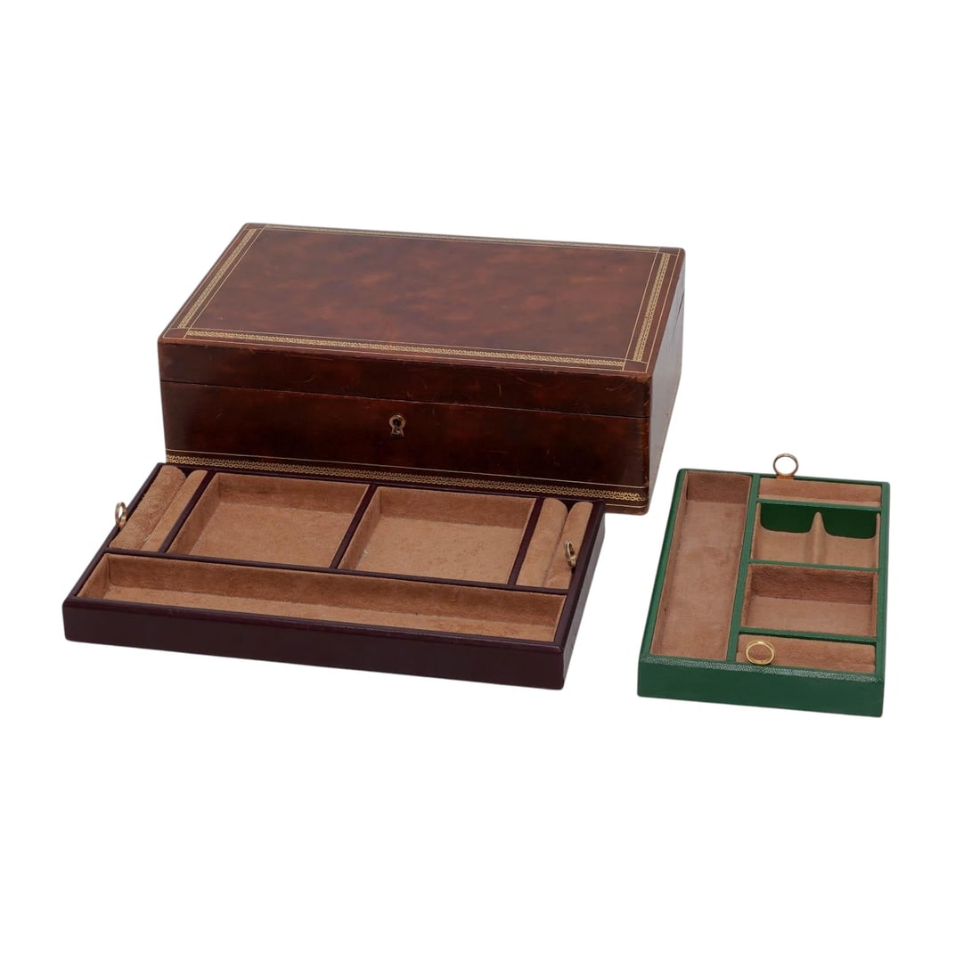 (3 pc) Leather & Suede Multi-Tray Jewelry Box: (3 pc) Leather & Suede Multi-Tray Jewelry Box Mid 20th century, European Artist/Designer/Manufacturer: Unknown Marking(s): None. Materials: Leather, wood, suede Cataloger Note: Vintage leather-trimmed