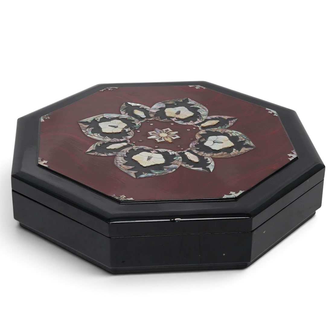 Chinese Octagonal Lacquerware & MOP Box: Chinese Octagonal Lacquerware & MOP Box 20th century, China Artist/Designer/Manufacturer: Unknown. Marking(s): None. Materials: Wood, lacquer, mother-of-pearl, abalone shell Cataloger Note: Vintage oc
