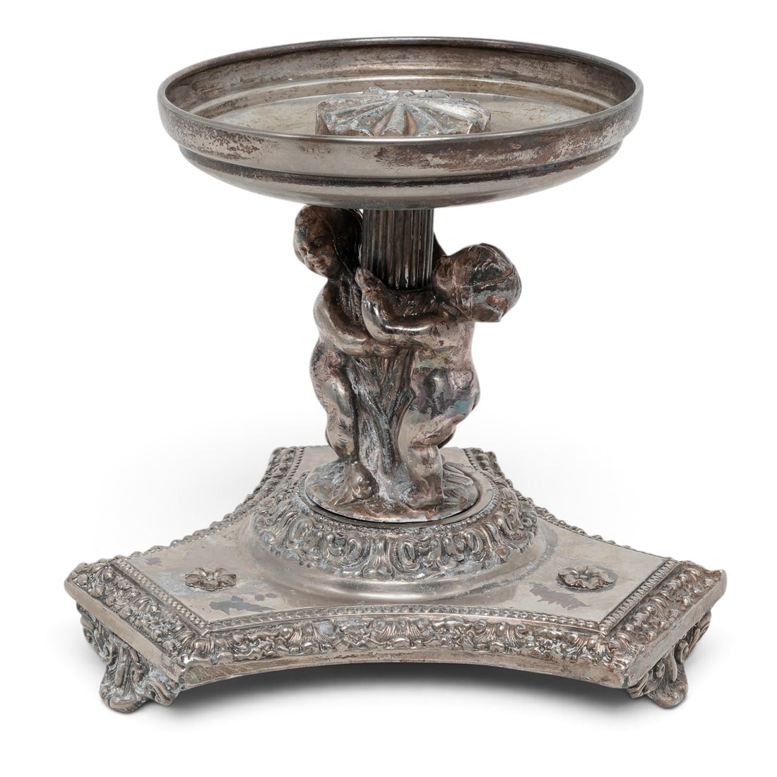 Edward Barnard & Sons Silver Plated Cherub Centerpiece Tazza: Edward Barnard & Sons Silver Plated Cherub Centerpiece Tazza 1850-1880s, England Artist/Designer/Manufacturer: Edward Barnard & Sons, London Marking(s): None. Materials: Silver Cataloger Note: Ornate