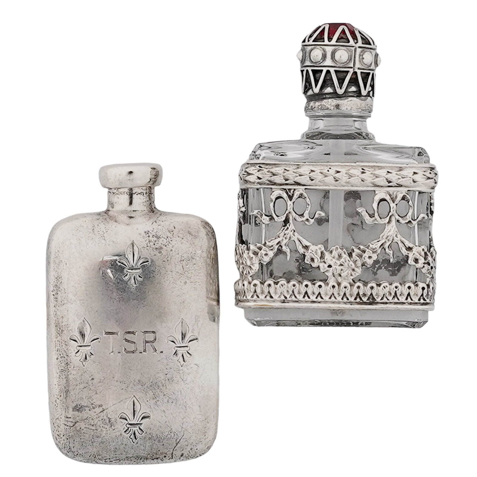 (2 pc) Miniature French Sterling Silver & Crystal Flasks (1 of 6)