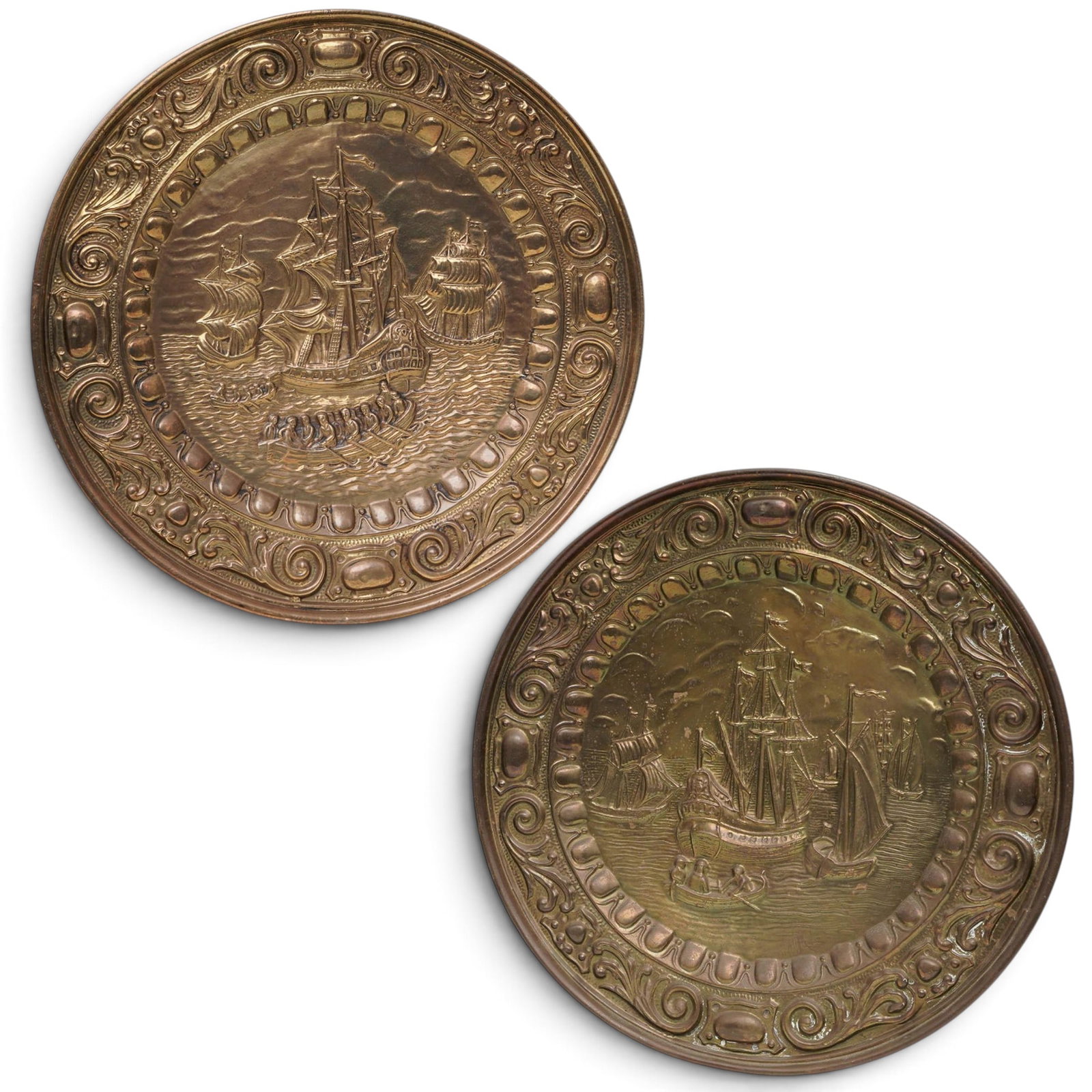 Pair Peerage Brass Sailing Ships Embossed Chargers (1 of 9)