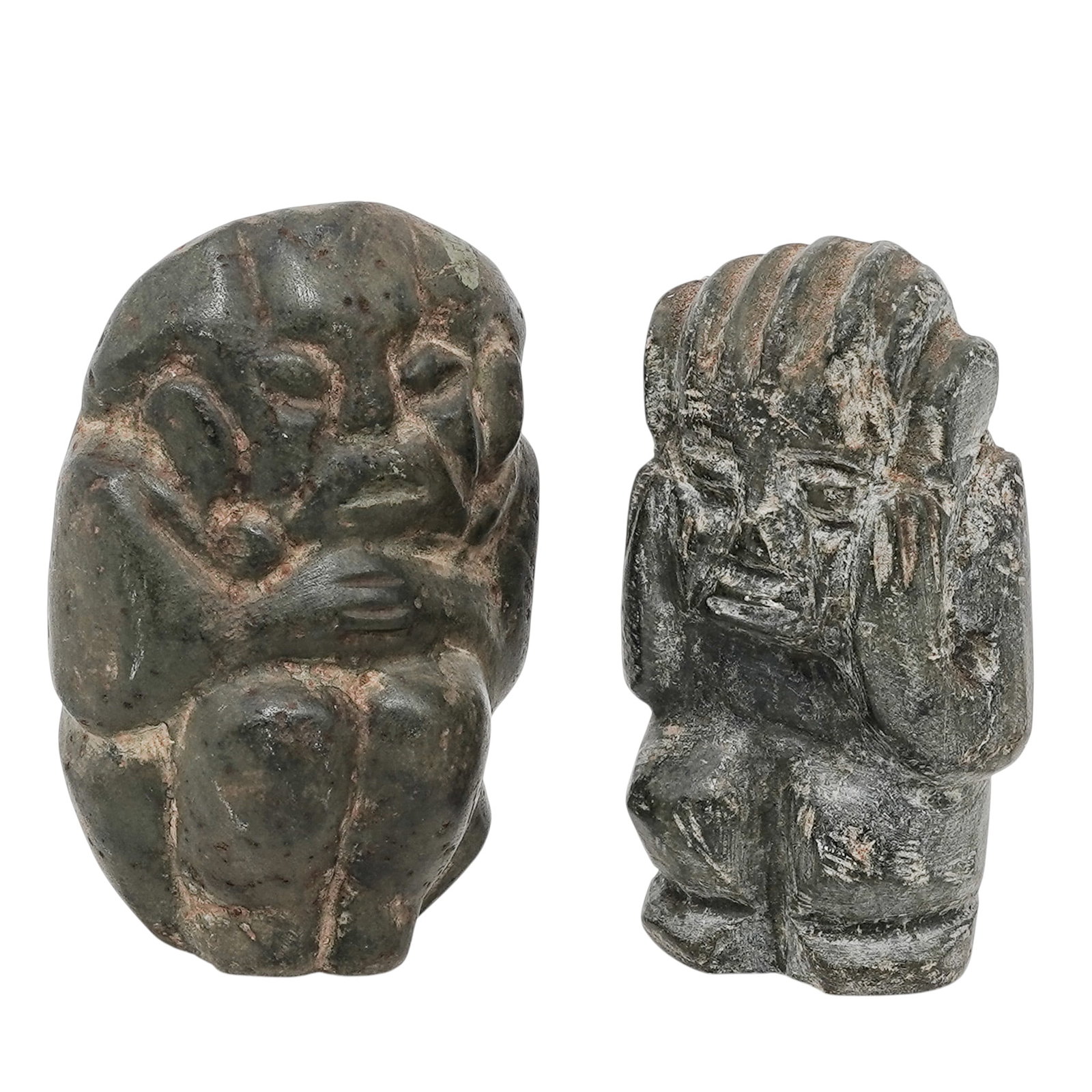(2 pc) Pre-Colombian Style Carved Stone Crouching Men: (2 pc) Pre-Colombian Style Carved Stone Crouching Men Possibly 12th Cent or Older, Likely Mexico Artist/Designer/Manufacturer: Unknown. Marking(s): None. Materials: Stone. Cataloger Note: Pair of