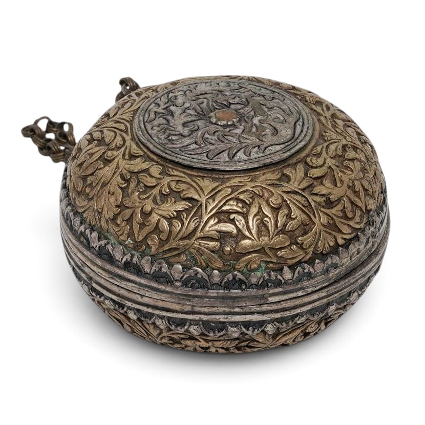 Persian Ornate Brass & Silver Round Box (1 of 8)