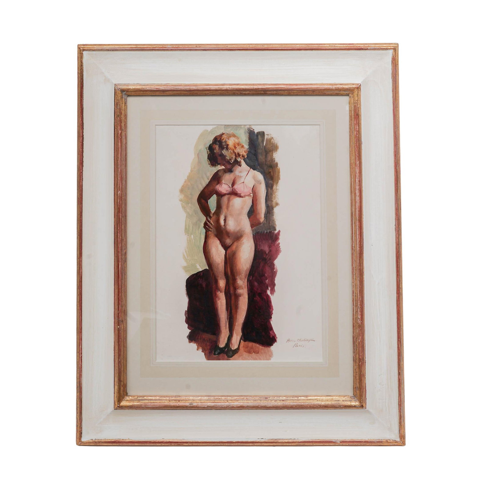 Boris Chaliapin (Russian, 1904–1979) "Standing Woman" Nude Gouache on Board: Artist/Designer/Manufacturer: Boris Chaliapin (Russian-American, 1904–1979) Marking(s); notes: Signed lower right “Boris Chaliapin, Paris”; titled Standing Woman; accompanied by a 2008