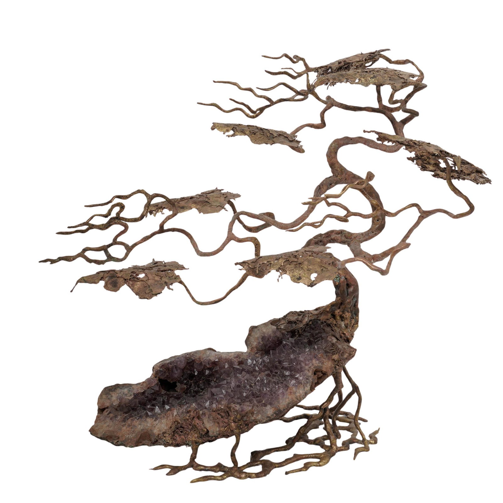 Ron Bertocchi (USA, 1939-2014) Amethyst Geode Brutalist Sculpture: Ron Bertocchi (USA, 1939-2014) Amethyst Geode Brutalist Sculpture c.1970s–1980s, American Artist/Designer/Manufacturer: Ron Bertocchi Marking(s); notes: Engraved brass signature tag reading
