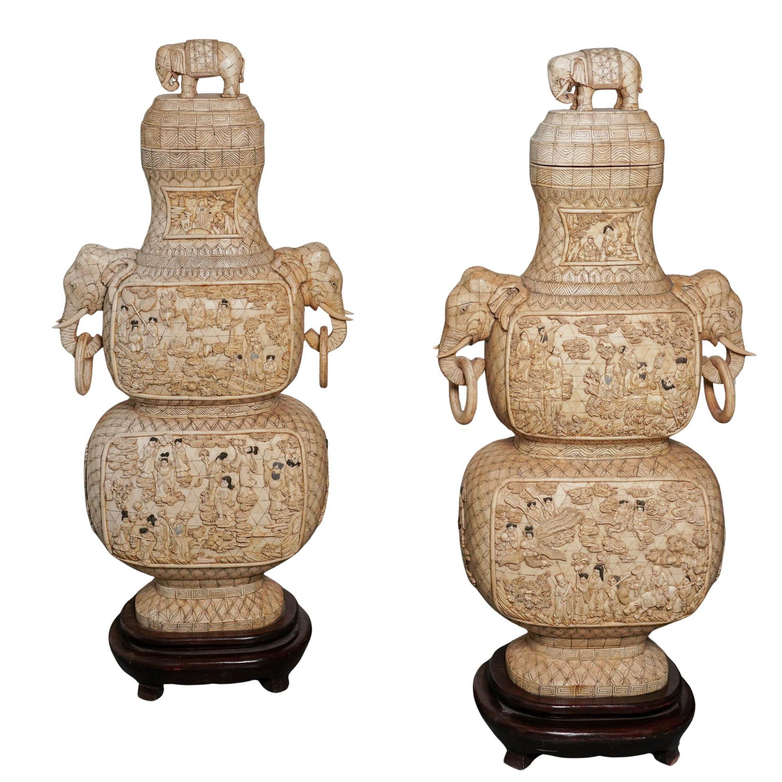 Pair of Large Chinese Carved Bone Urns (1 of 17)