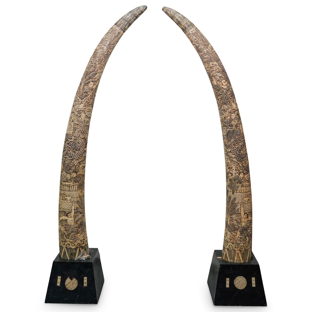 Pair of Monumental Chinese Carved Bone Tusks (1 of 19)