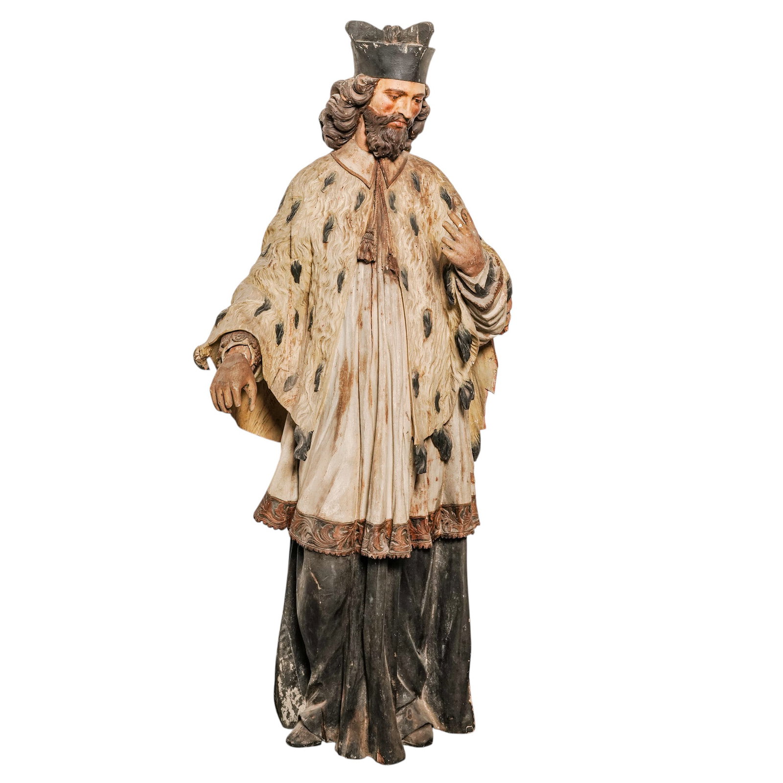 Antique Polychrome Carved Wood St. John of Nepomuk: Antique Polychrome Carved Wood St. John of Nepomuk Austrian, 18th-19th century Artist/Designer/Manufacturer: Unknown Marking(s); notes: Ex-Christie’s barcode tag; Christie’s Live Auction 2572,