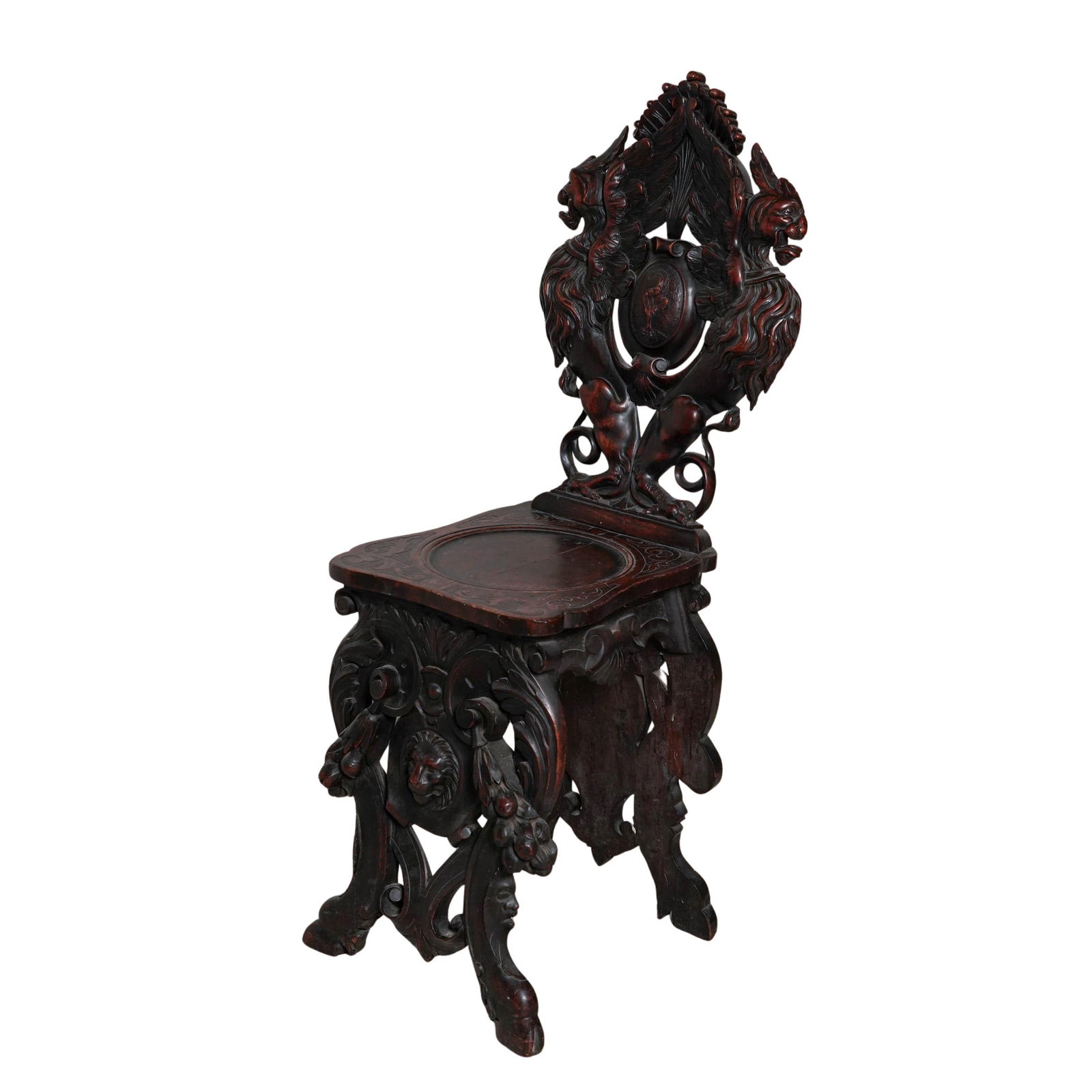 Antique Italian Renaissance Revival Carved Wood Sgabello Chair: Antique Italian Renaissance Revival Carved Wood Sgabello Chair Late 19th Century, Italy Artist/Designer/Manufacturer: Italian Renaissance Revival Marking(s); notes: none Materials: carved wood, uphols