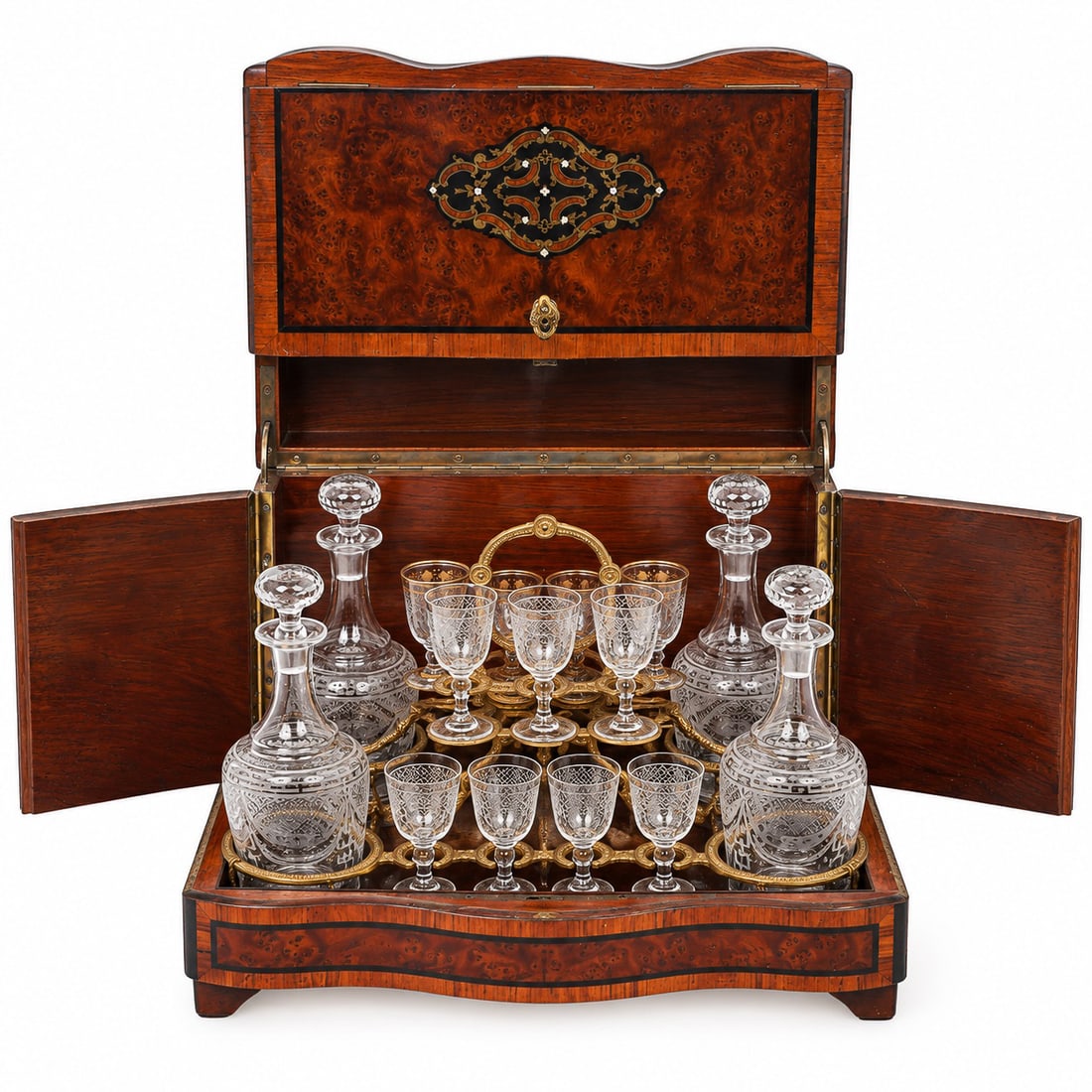 Napoleon III "Cave a Liqueur" Burl Wood Liquor Tantalus: Napoleon III "Cave a Liqueur" Burl Wood Liquor Tantalus 19th-century, French Artist/Designer/Manufacturer: Unknown Marking(s); notes: Boulle-style marquetry; engraved monogram cipher Materials: burl