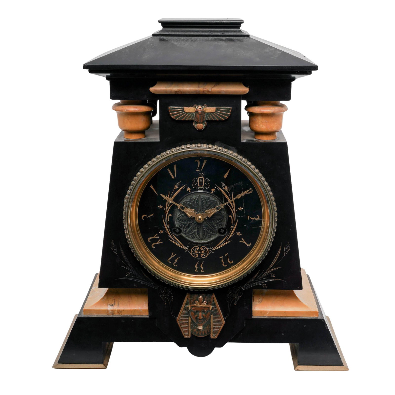 Gay, Vicarino & Co. Egyptian Revival Sienna & Black Marble Mantel Clock (1 of 14)