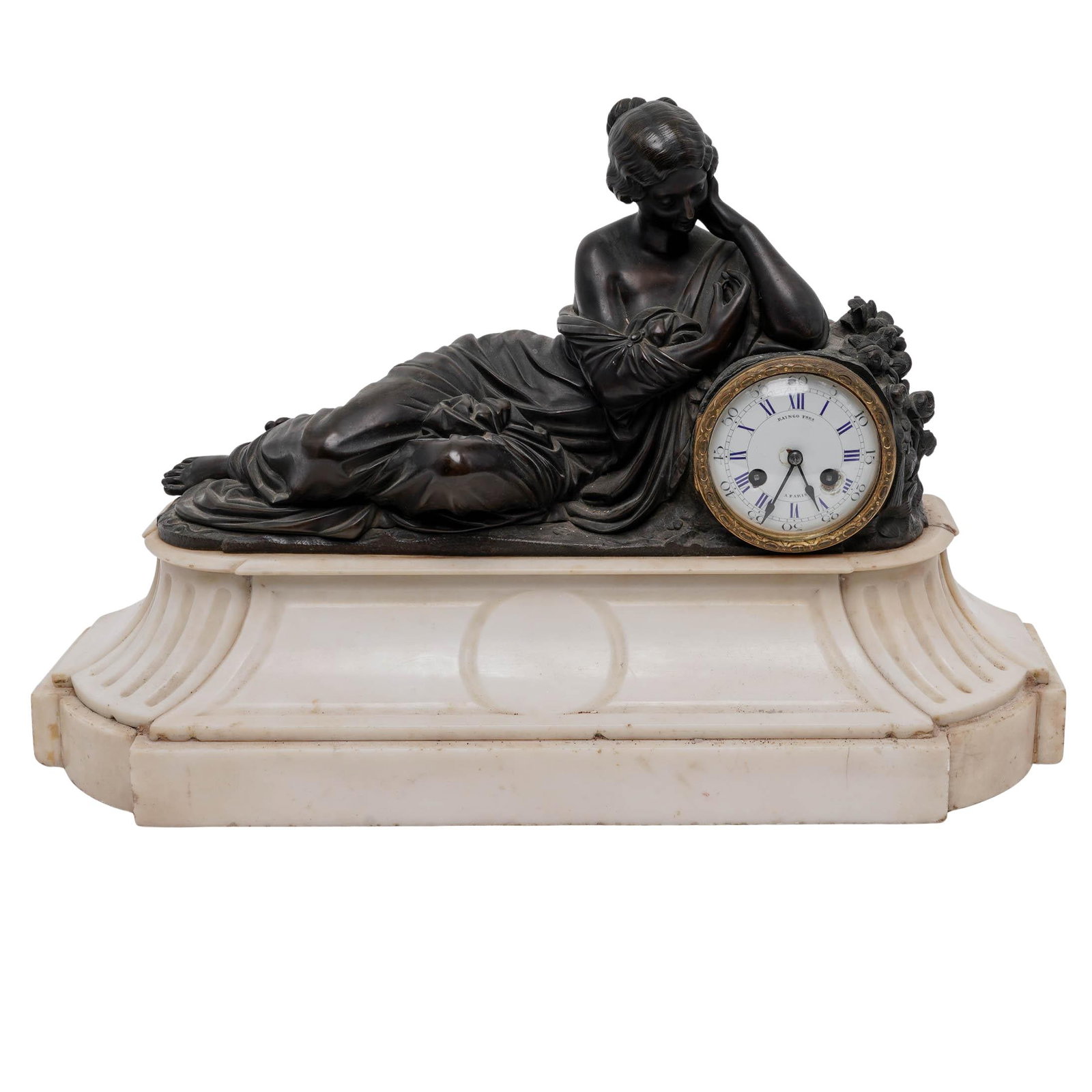 Raingo Fres A Paris Bronze Neoclassical Figural Mantel Clock: Raingo Fres A Paris Bronze Neoclassical Figural Mantel Clock 19th-century, French Artist/Designer/Manufacturer: Raingo Frères, Paris Marking(s); notes: Dial signed “Raingo Frès A Paris”; mov