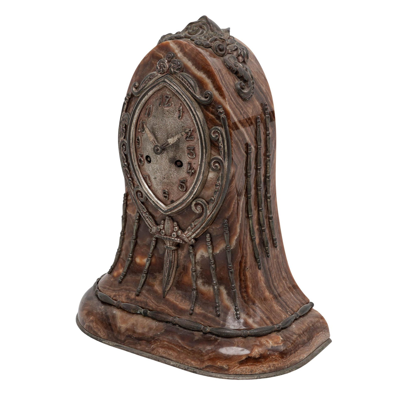 Art Nouveau Onyx & Gilt Metal Mantel Clock: Art Nouveau Onyx & Gilt Metal Mantel Clock Late 19th - Early 20th Cent, France Artist/Designer/Manufacturer: Unknown Marking(s); notes: Clock not in working order Materials: carved onyx marble, metal