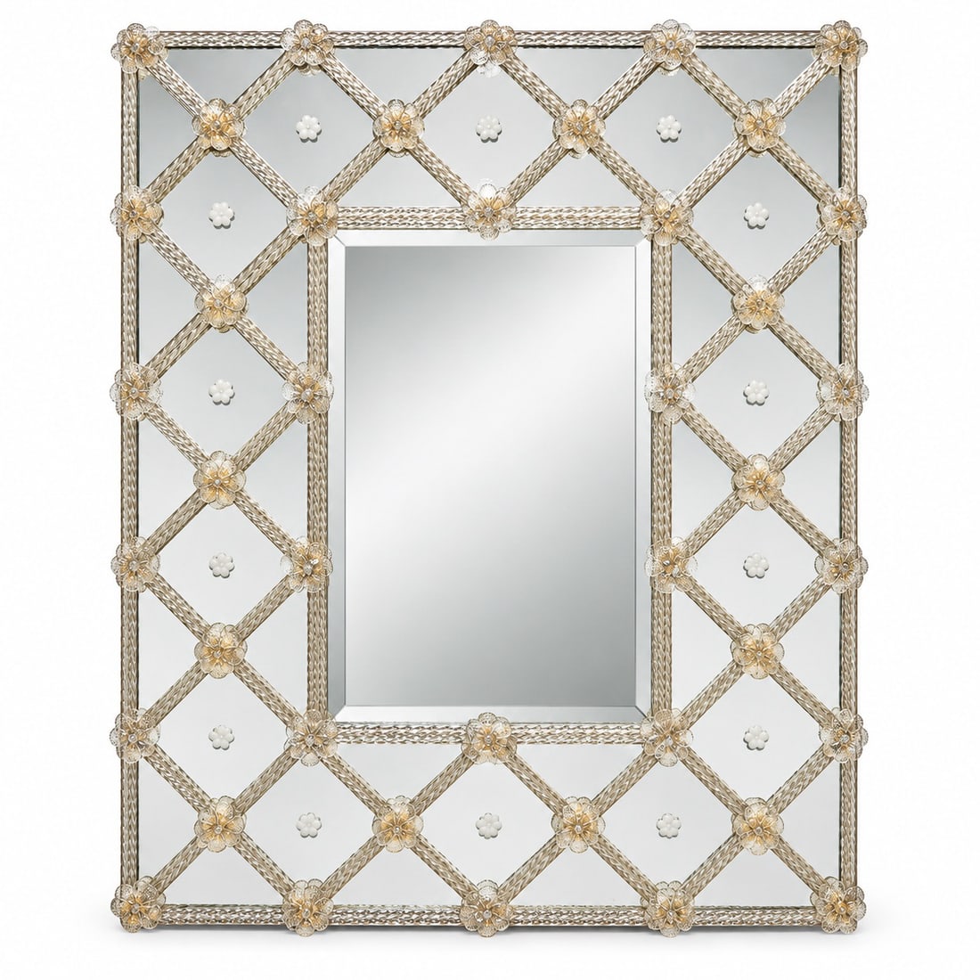 Mid-Century Venetian Murano Glass Lattice Mirror: Mid-Century Venetian Murano Glass Lattice Mirror Circa 1940-1960. Italian Artist/Designer/Manufacturer: Murano Marking(s); notes: None Materials: Mirror/Murano Glass/Wood Cataloger Note: The mirror is