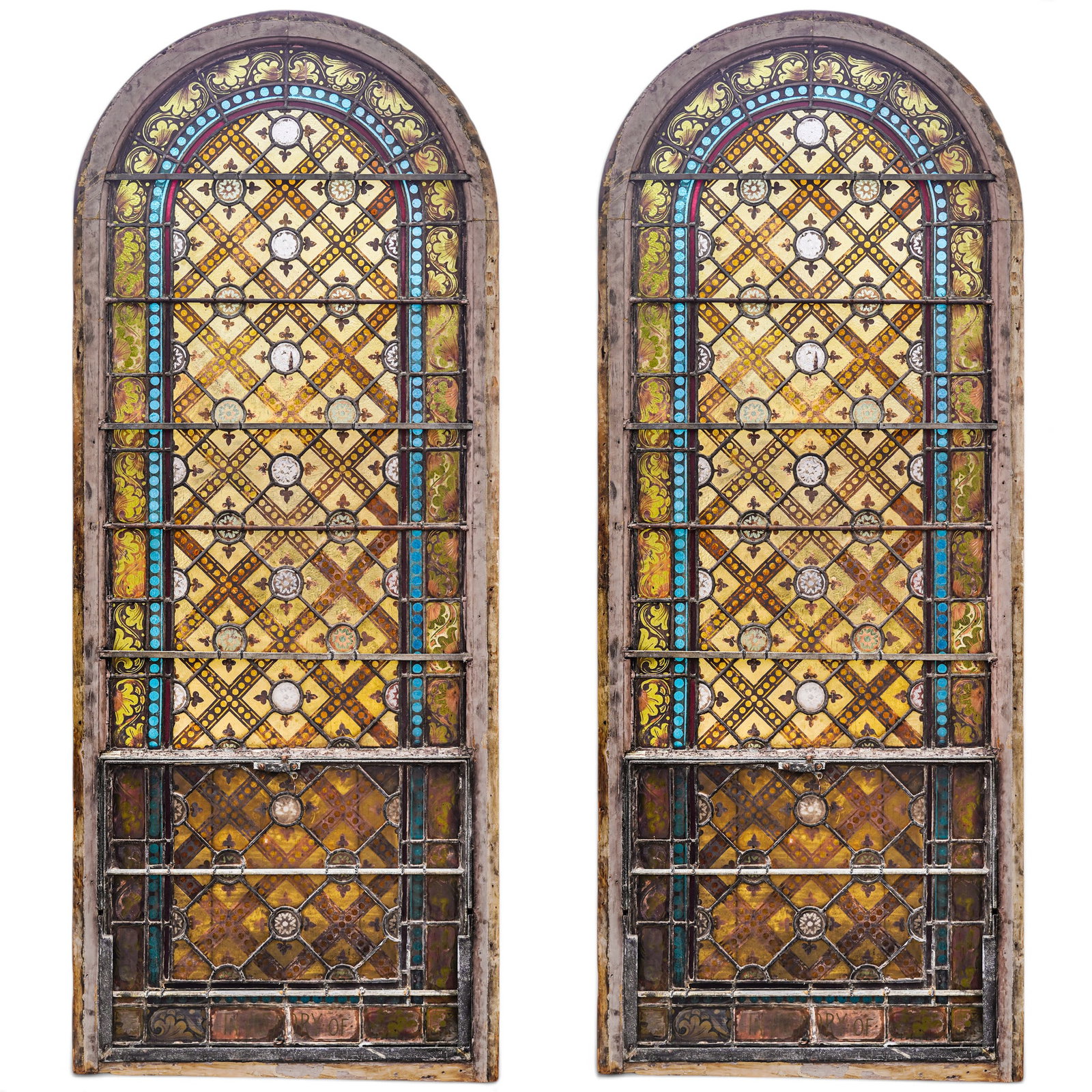 Pair of Antique Arched Leaded Stained Glass Panels: Pair of Antique Arched Leaded Stained Glass Panels Late 19th Century, USA Artist/Designer/Manufacturer: Unknown Marking(s); notes: None Materials: leaded stained glass, wood Cataloger Note: Pair of ta