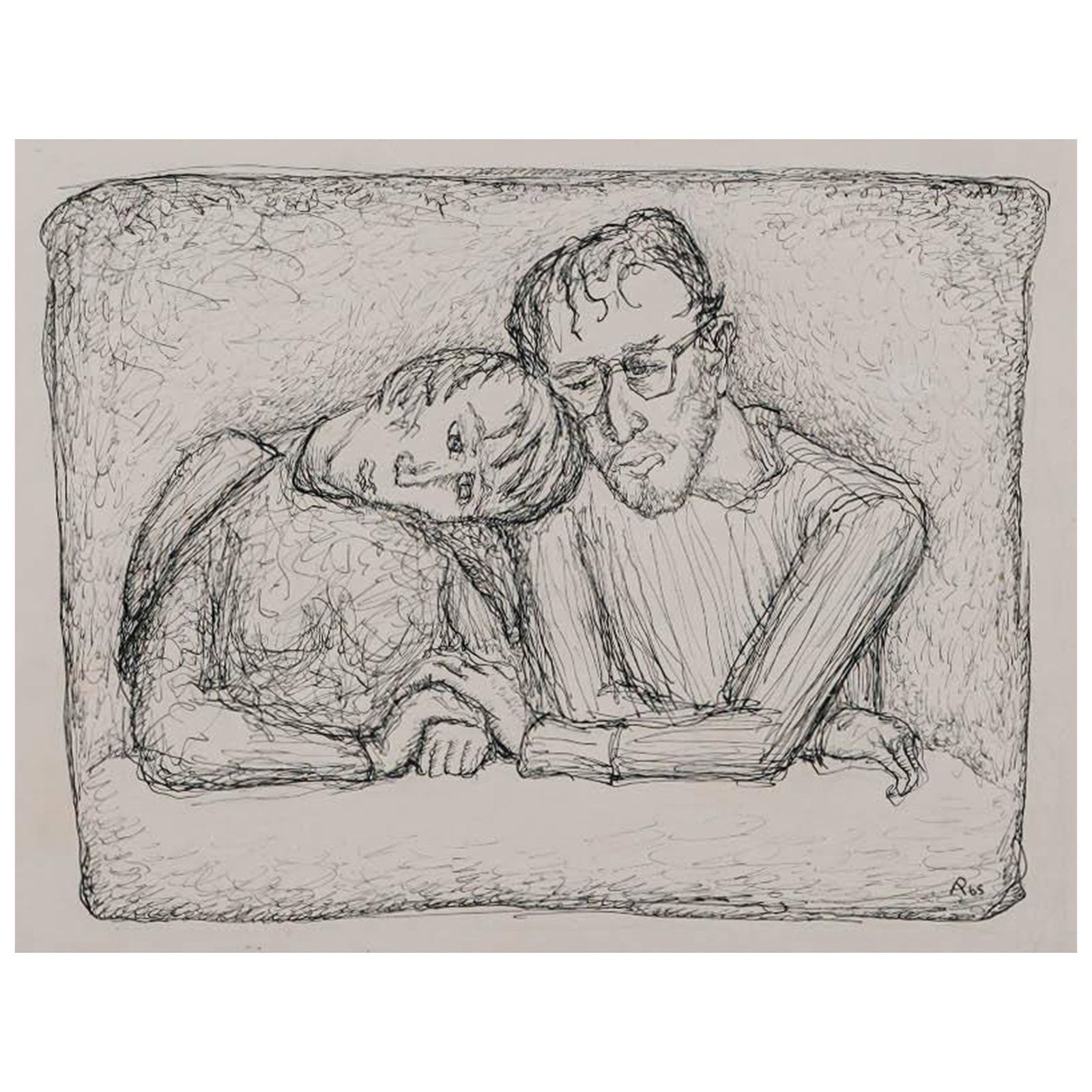 Alek Rapoport (Russian, 1933–1997) "Couple" Ink on Paper Painting: Alek Rapoport (Russian, 1933–1997) "Couple" Ink on Paper Painting 1965. Russian Artist/Designer/Manufacturer: Alek Rapoport (Russian, 1933–1997) Marking(s); notes: Signed "R 65" lower right. Handw