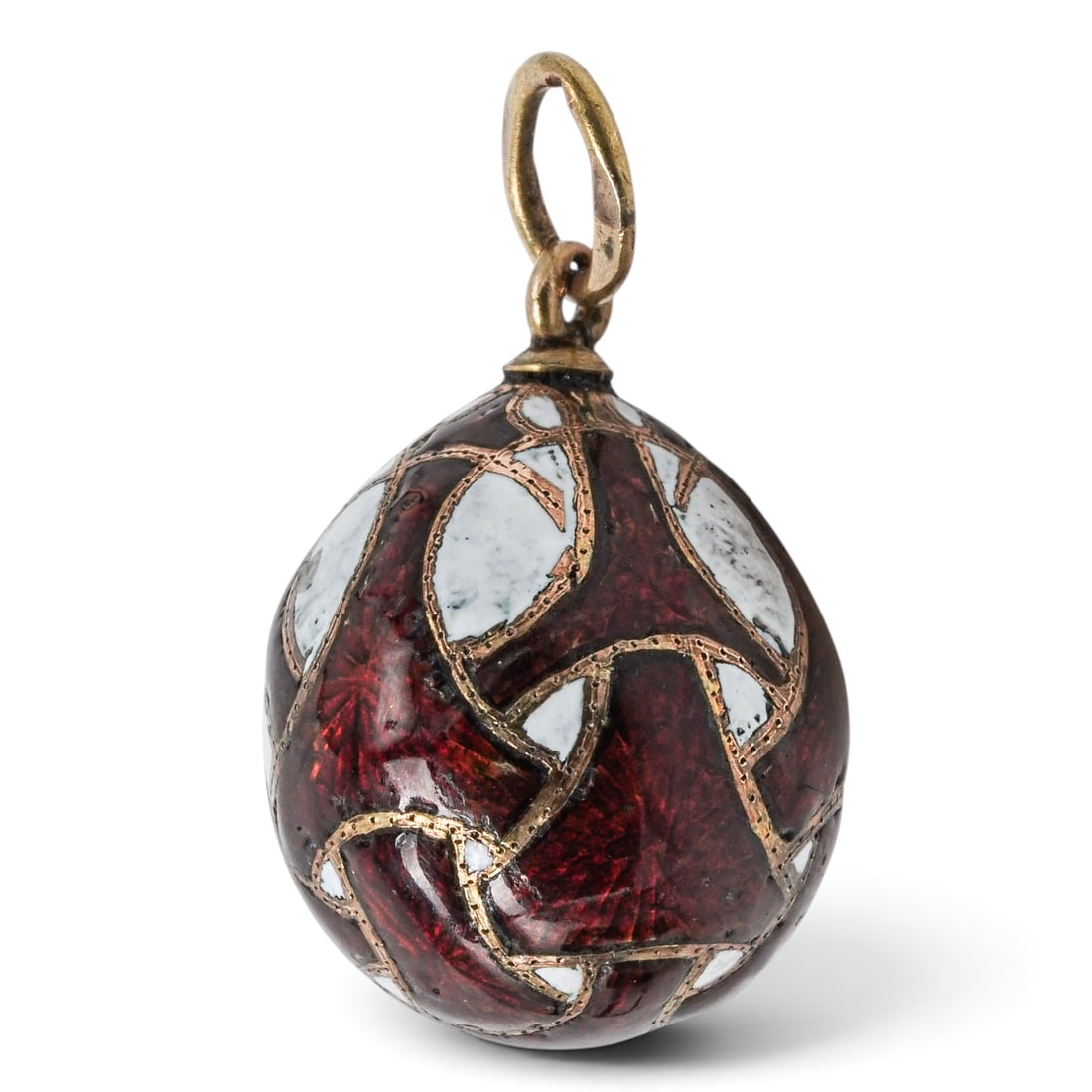 Imperial Era Russian 14k Gold Cloisonne Enamel Egg Pendant: Imperial Era Russian 14k Gold Cloisonne Enamel Egg Pendant Late 19th to Early 20th Cent., Russian Miniature Russian 56 gold Easter egg pendant with red translucent enamel, white enamel leaf panels, an