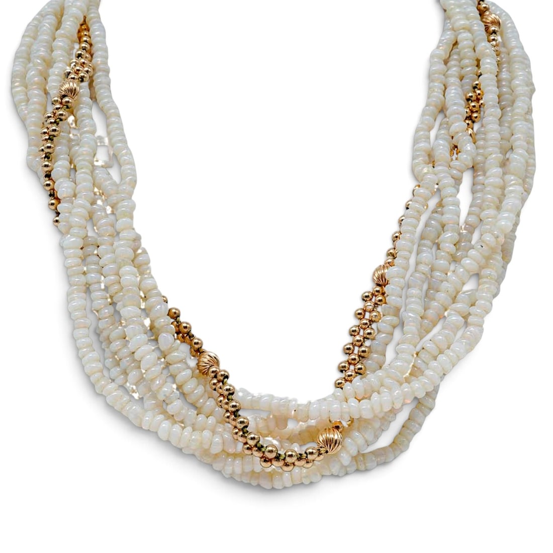14kt Gold & Pearl Multi-Strand Necklace: 14kt Gold & Pearl Multi-Strand Necklace Mid - Late 20th Cent, Likely USA Artist/Designer/Manufacturer: Unknown Marking(s); notes: Butterfly tongue-and-box clasp marked “14 KT” on interior of t