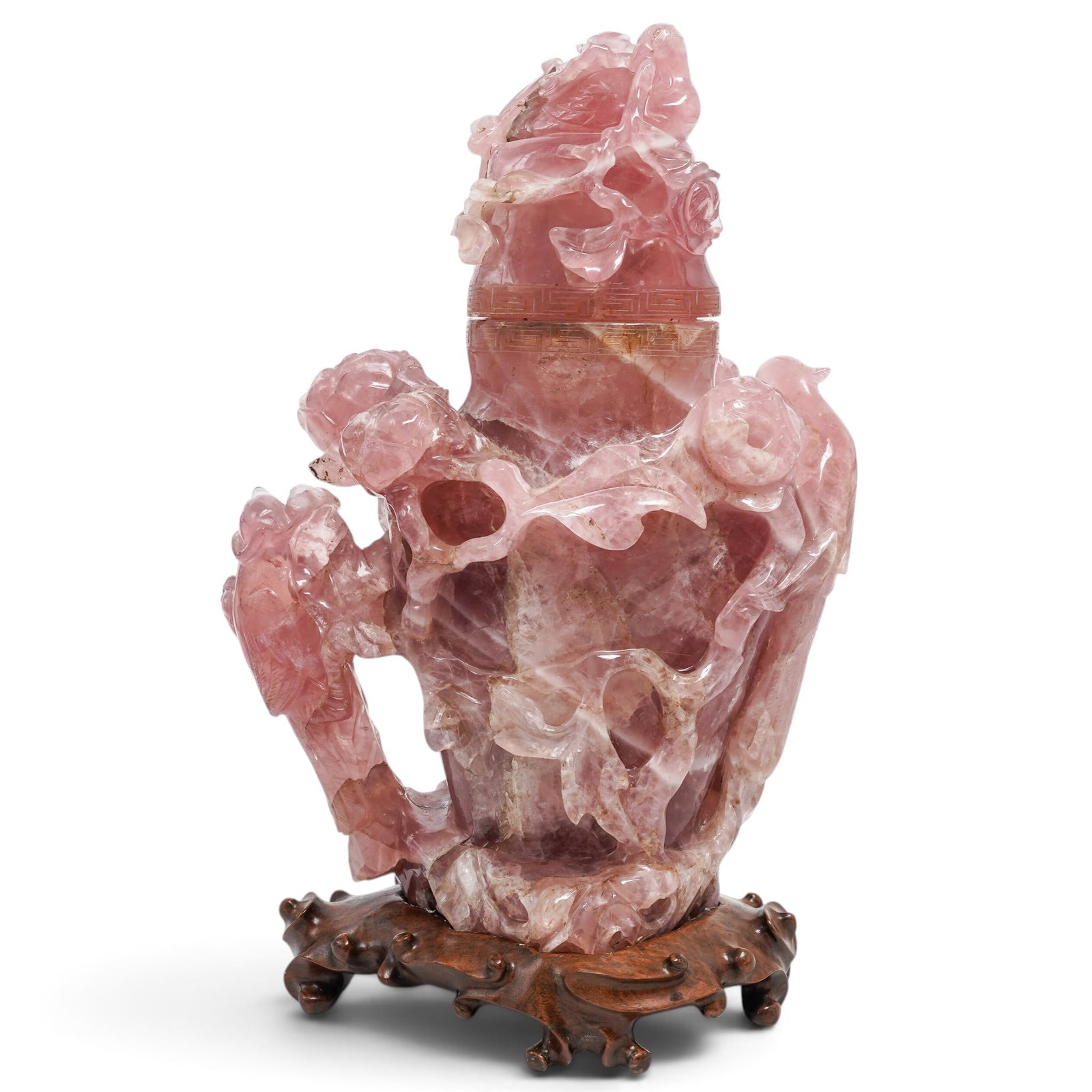 Chinese Rose Quartz Carved Covered Urn: Chinese Rose Quartz Carved Covered Urn 20th Cent, China Artist/Designer/Manufacturer: Unknown Marking(s); notes: Chinese Materials: carved rose quartz, wood Cataloger Note: Chinese carved rose quartz