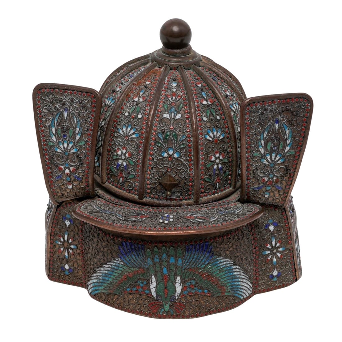 Japanese Meiji-Period Cloisonne Figural Helmet Inkwell: Japanese Meiji-Period Cloisonne Figural Helmet Inkwell late 19th- early 20th century, Japanese Artist/Designer/Manufacturer: Unknown Marking(s); notes: Japanese; Meiji period, 19th century Materials: 