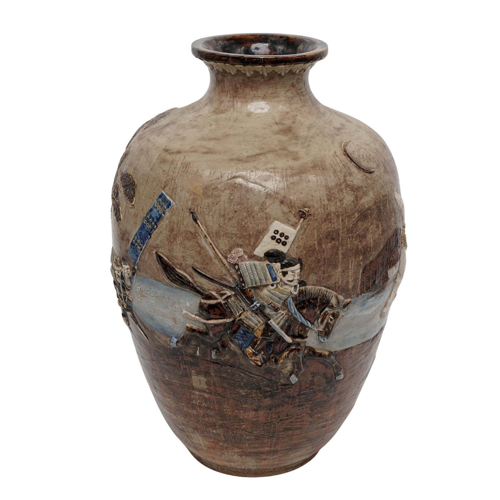 Japanese Meiji Sumida Gawa Earthenware Samurai Floor Vase (1 of 10)